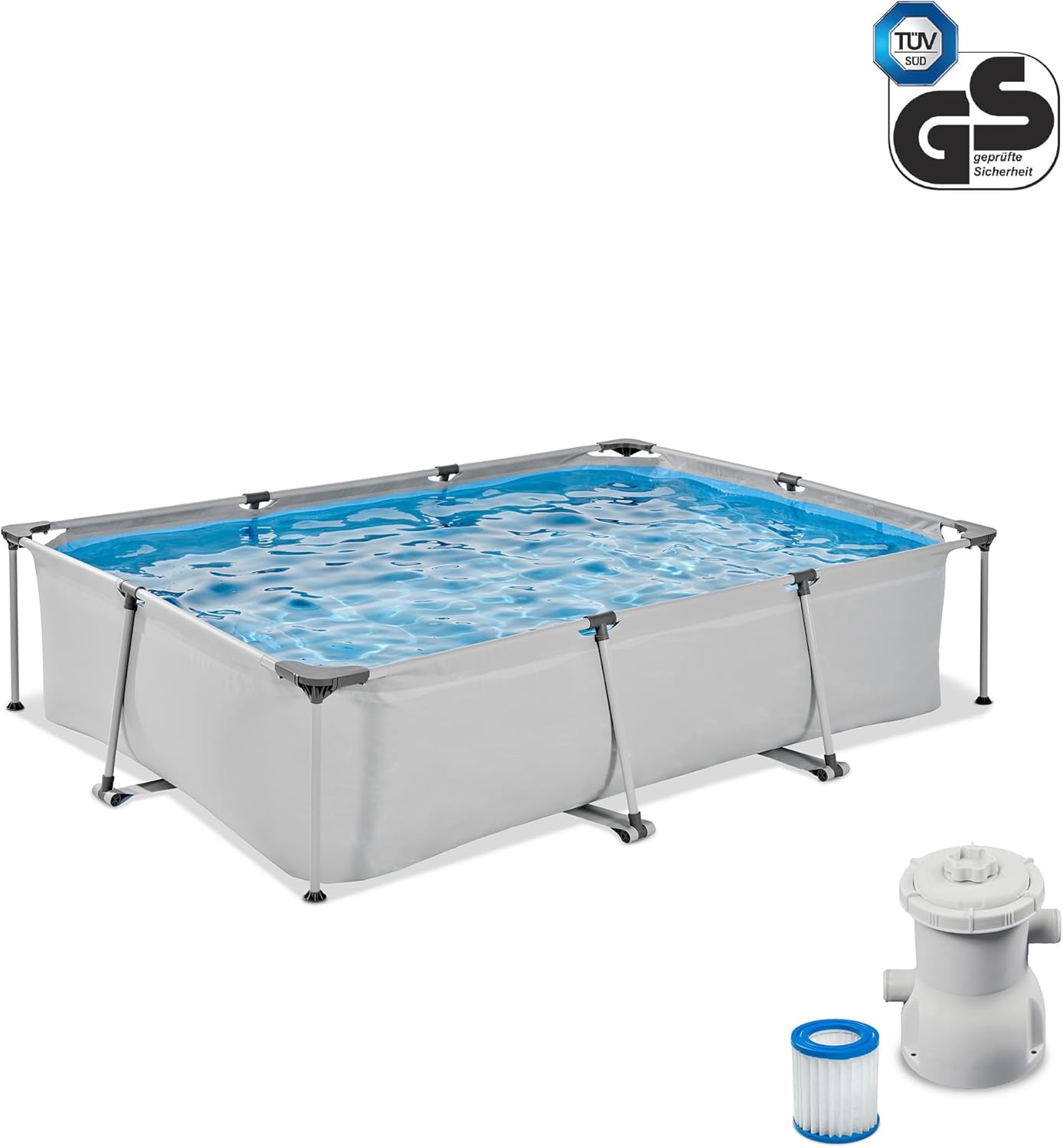etevert Piscine Soft Grey - 300x200x65cm - Piscine Hors Sol Rectangulaire avec Pompe Filtrante à Cartouche - Entrée Basse - pour Les Jeunes Enfants - Cadre Stable - Design Unique - Gris