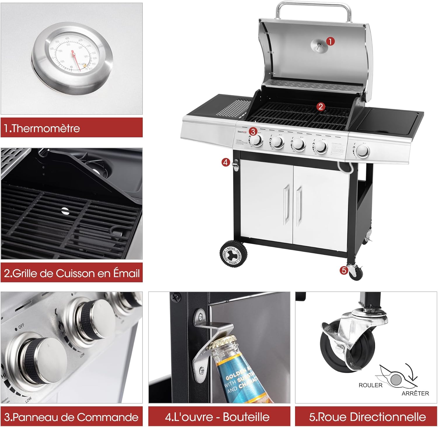 etevert - Barbecue Gaz 4+1 brûleurs inox - 14,5kW - 2 portes, thermomètre, roues directionnelles