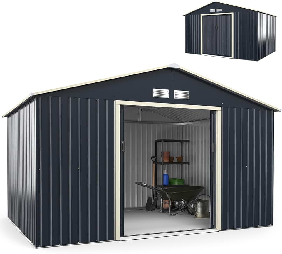 etevert - abri de jardin métal, 340x255x210cm, 2 portes, aération, toit pentu