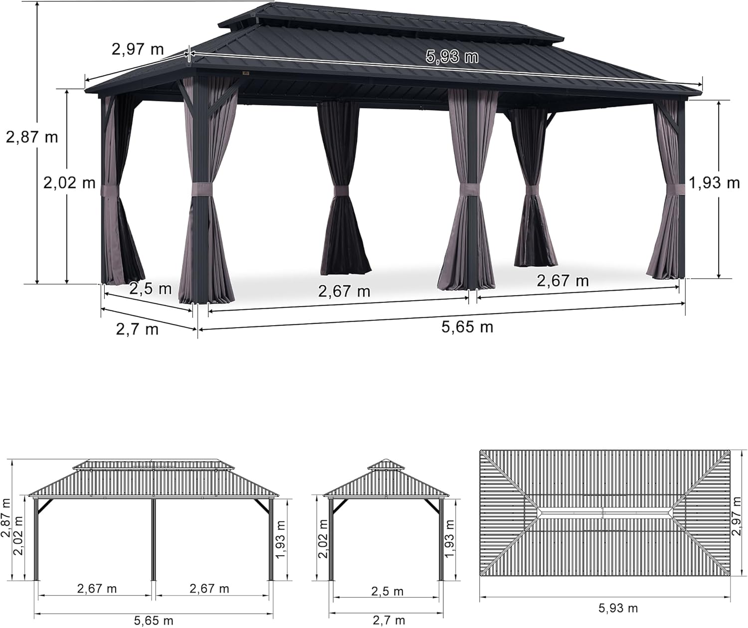 etevert - pergola double toit 6x3m, alu & acier, rideaux & moustiquaire