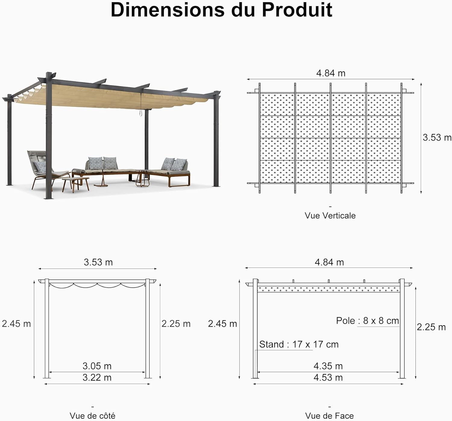etevert - pergola aluminium série LED - 4,8x3,5 m - toit rétractable, structure résistante, kaki
