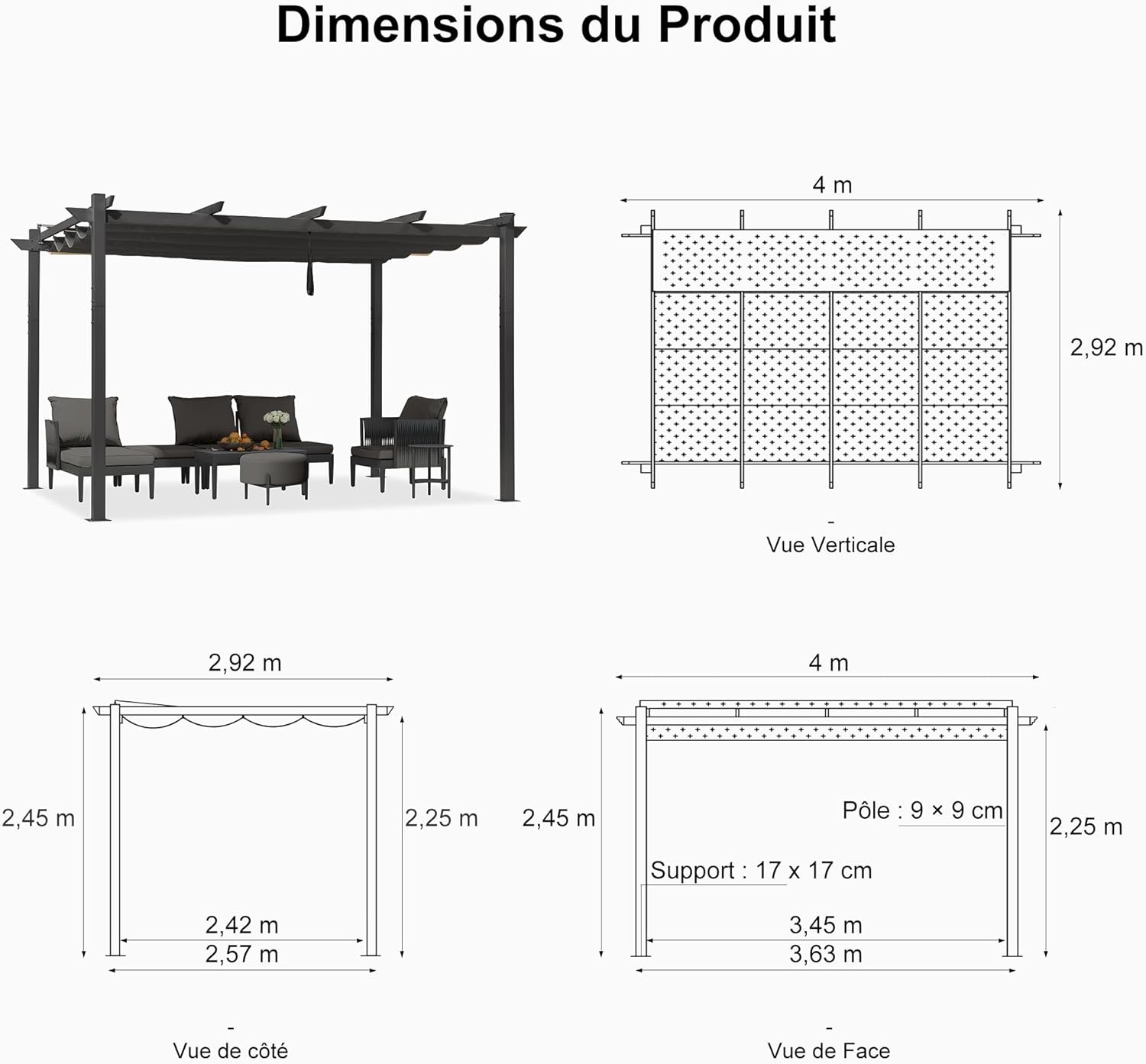 etevert - Pergola aluminium série - 4x3m - toit rétractable, imperméable, gris