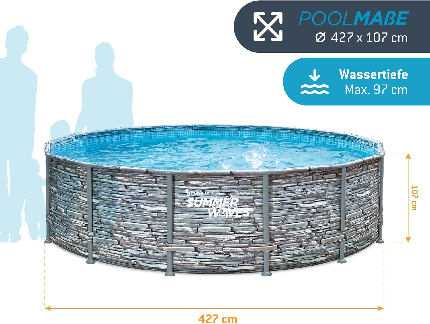 etevert - Frame Pool Kit rond - 427x107 cm - aspect pierre grise, pompe à filtre