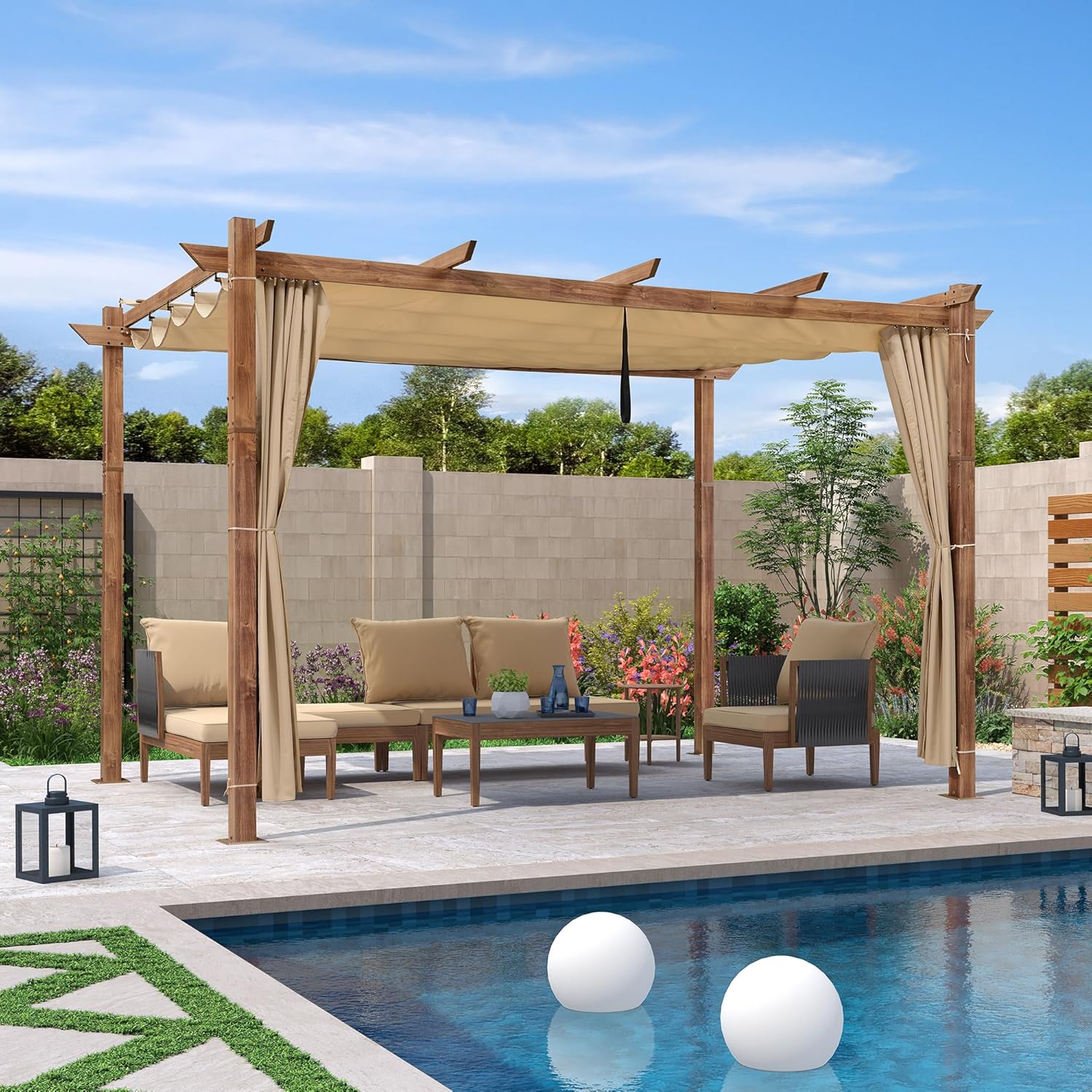 etevert - Pergola alu finition teck 4x3m - toile rétractable, rideau, kaki
