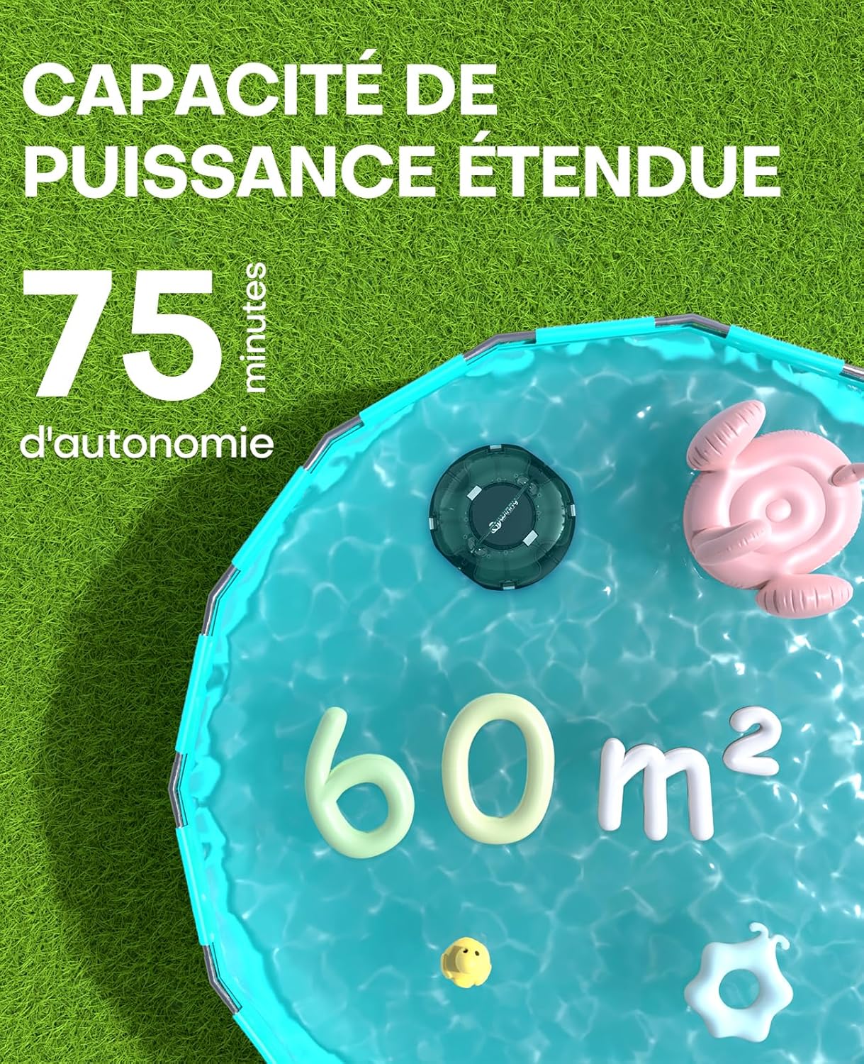 etevert Winny 200 Robot Piscine, Aspirateur Piscine Sans Fil Avec Batterie, Autonomie 75 Min pour Piscines Hors-Sol 60m², Double Filtration,Stationnement Automatique(Transparent Vert Blanc)