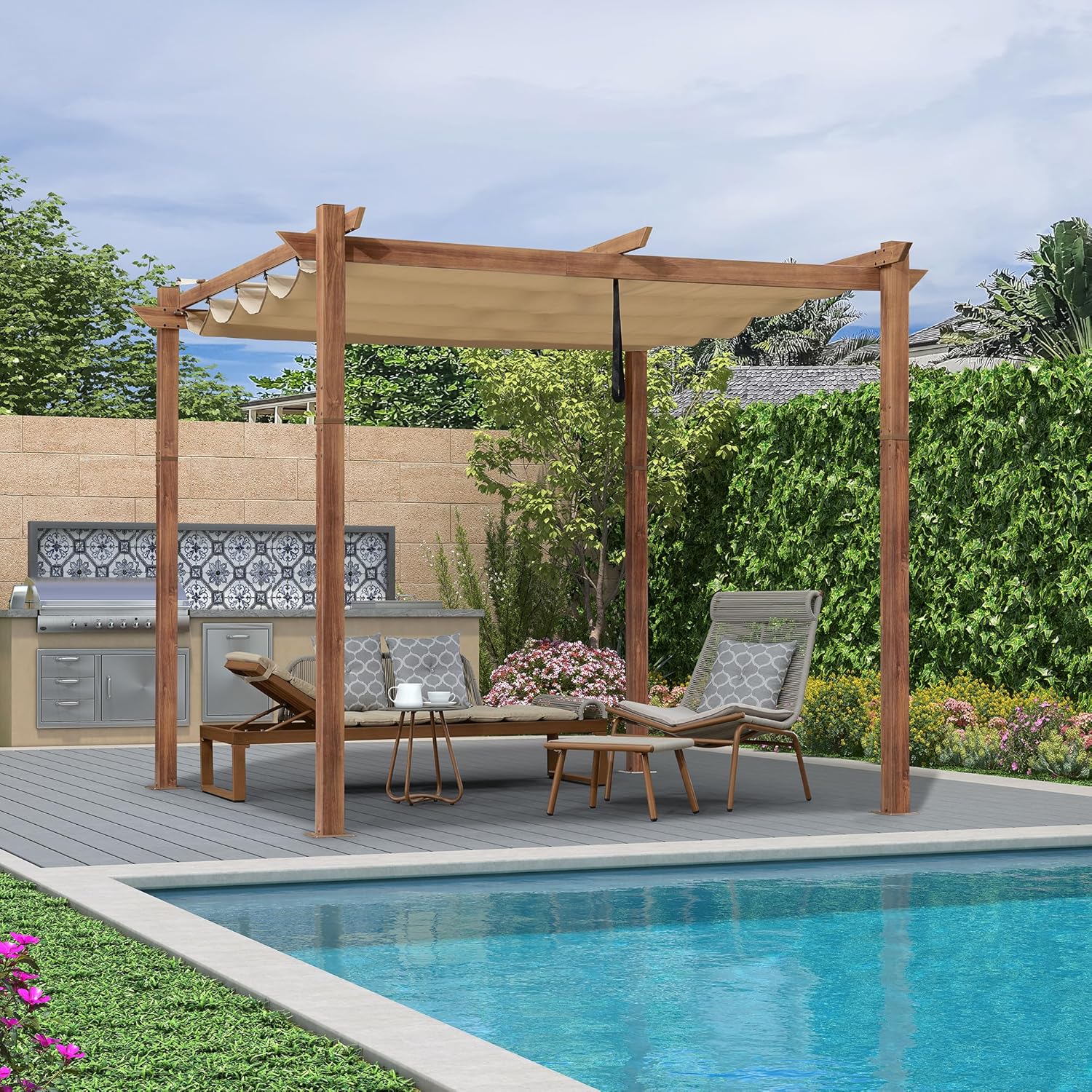 etevert - pergola aluminium - 3x3m - teck, toile rétractable, kaki