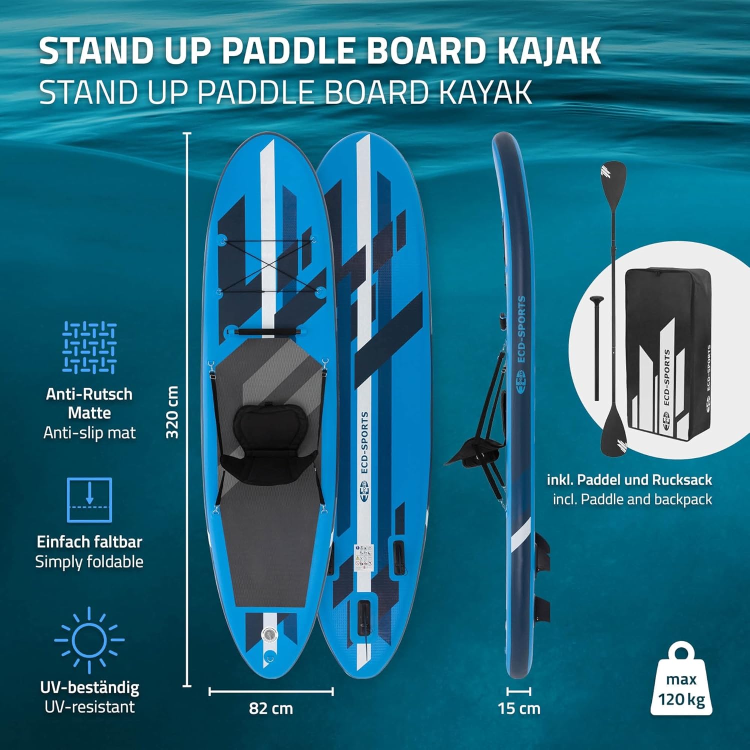 etevert Stand Up Surf Paddle Board Gonflable 305/308/320/380 cm | PVC | jusqu'à 120/150 kg | Épaisseur 10/15 cm | Planche de Surf Pagaie Sac de Transport Pompe à Air | Diverses Couleurs Modèles