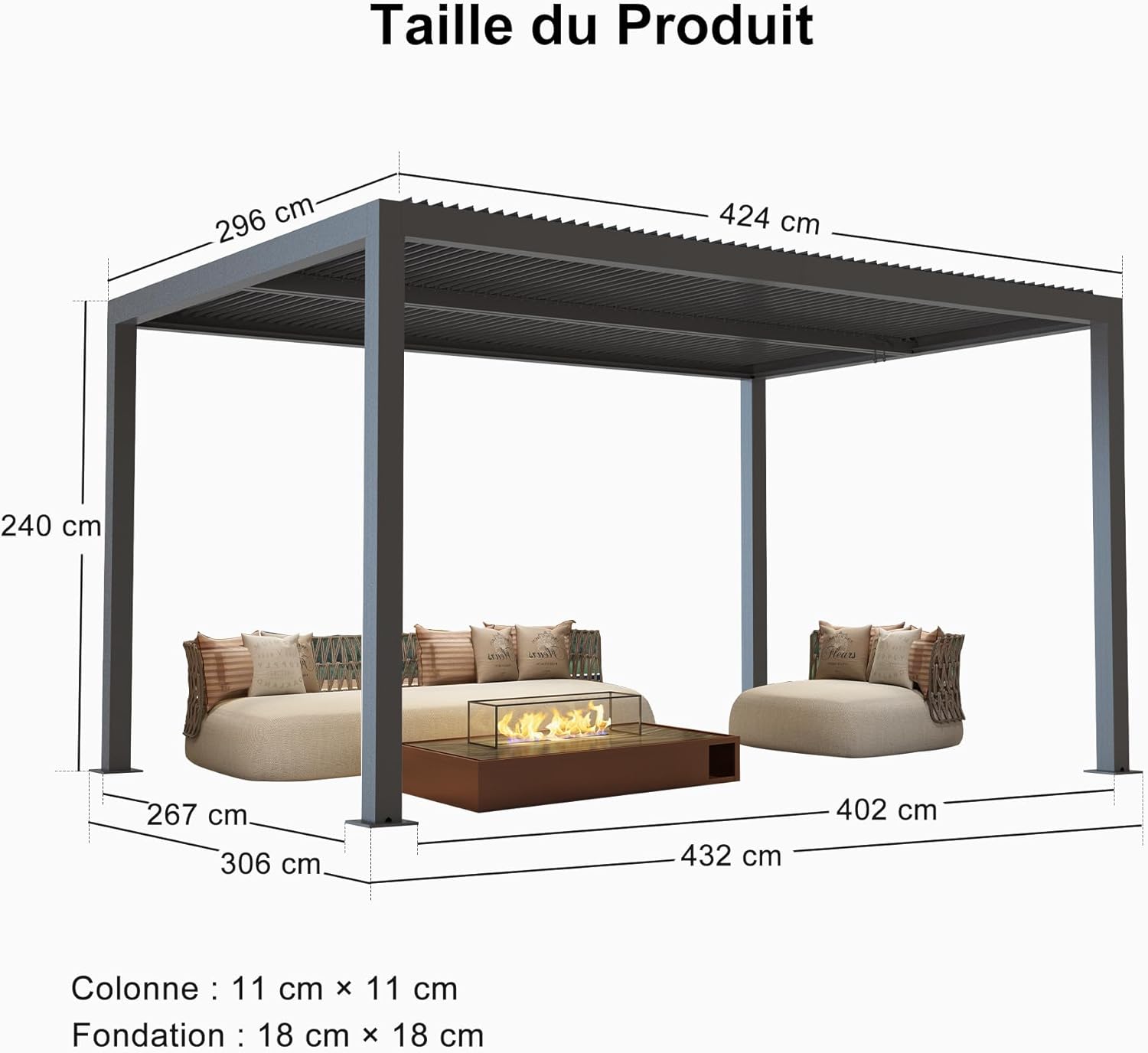 etevert - Pergola bioclimatique 4,24x3m, aluminium, lames orientables, éclairage extérieur, 12,72m², Gris