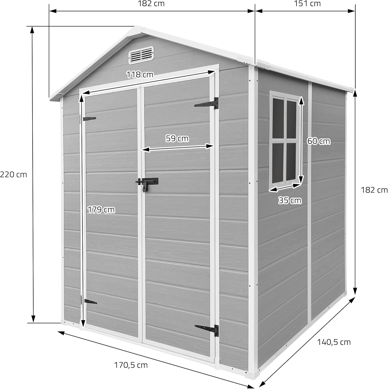 etevert - abri de jardin résine, 151x182x220 cm, double porte, fenêtre, 5m³