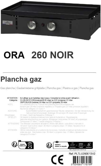 Marque - etevert Plancha Ora Gaz - 260 Noire - Plancha gaz robuste et compacte, surface de cuisson large.