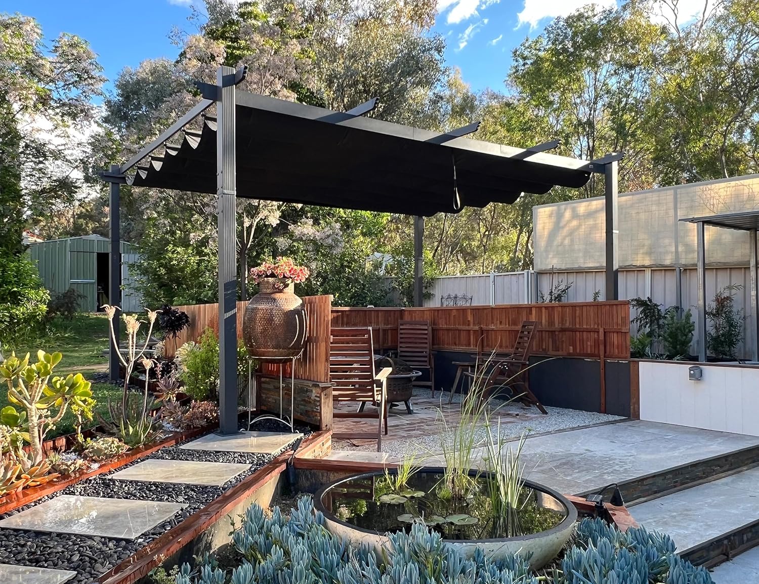 etevert - pergola aluminium - 4,8x3,5m - LED, toit rétractable, tissu mass teinté, structure résistante