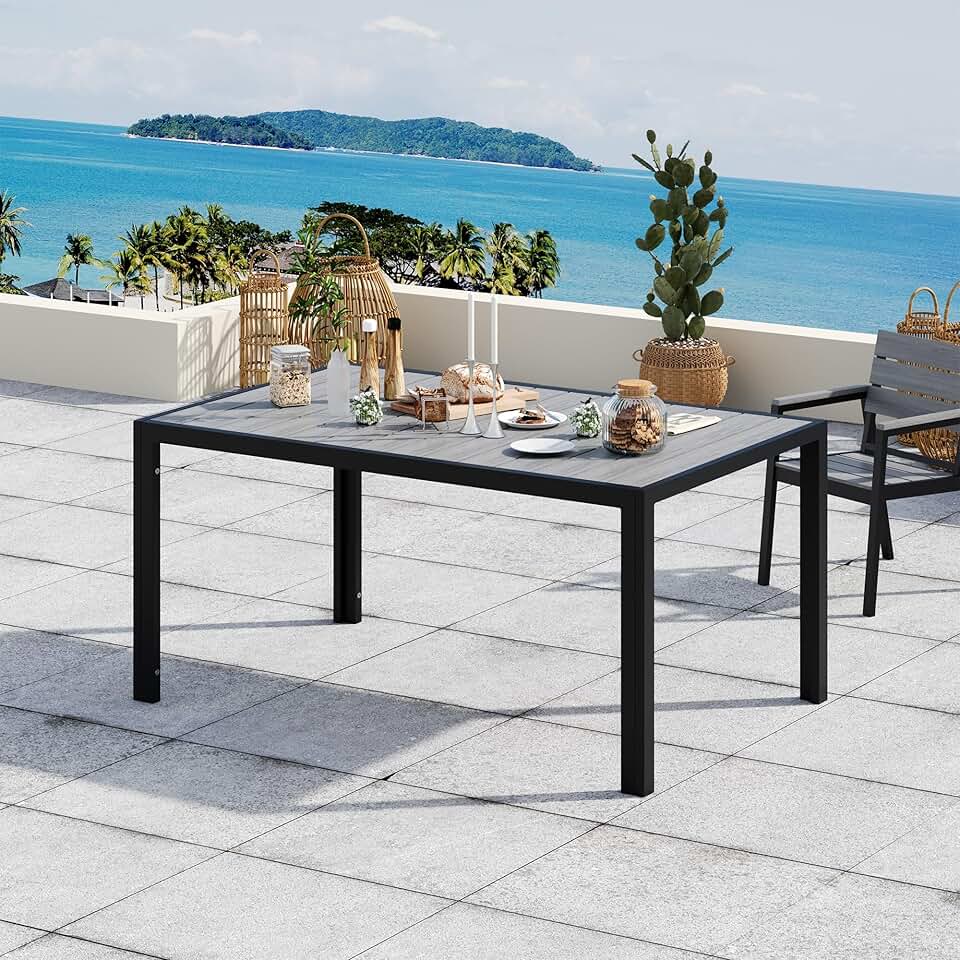 etevert - HDPS - Table de jardin 150x80x72cm - aluminium, grain bois