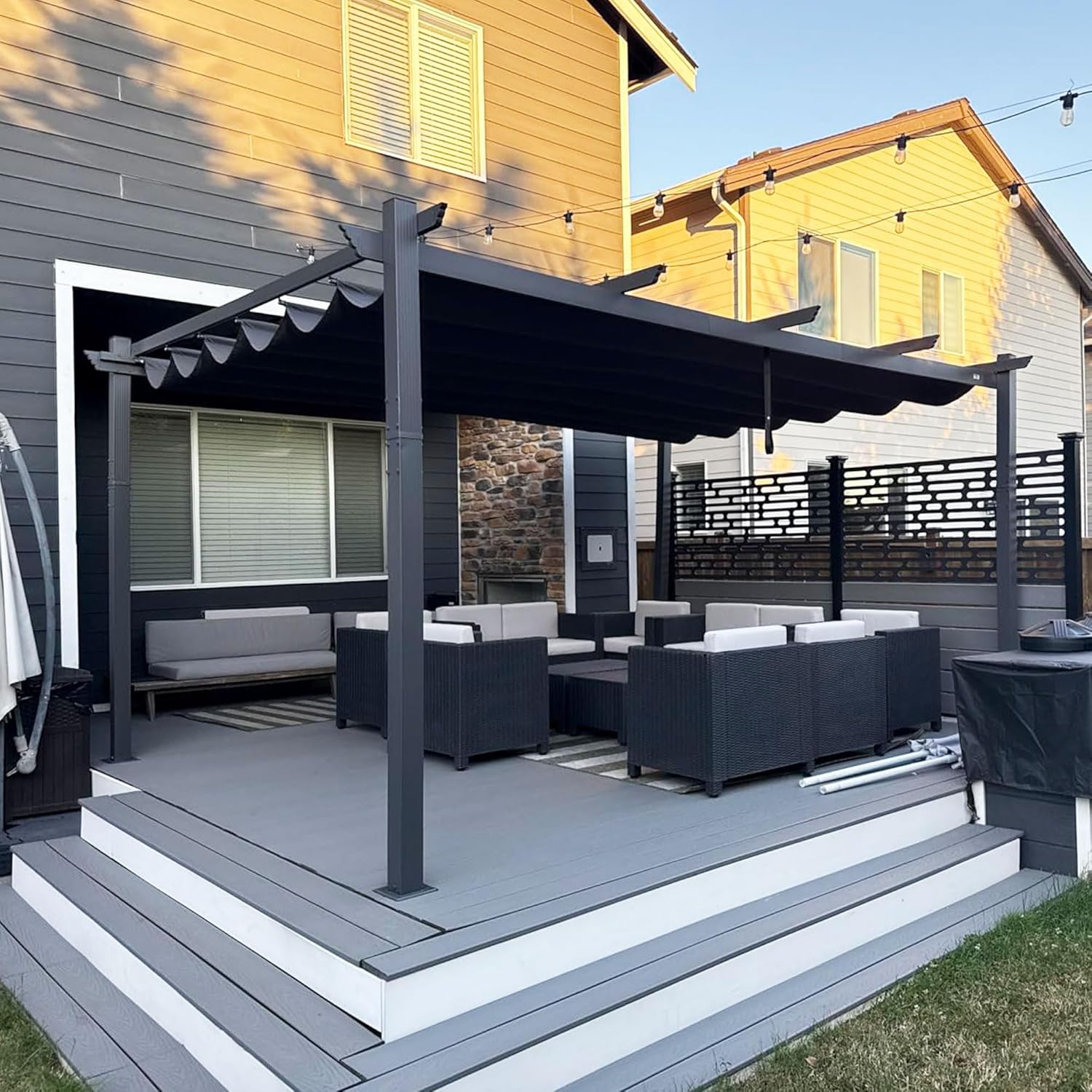etevert - Pergola aluminium - 4x3,2m - LED, toit rétractable, toile teintée