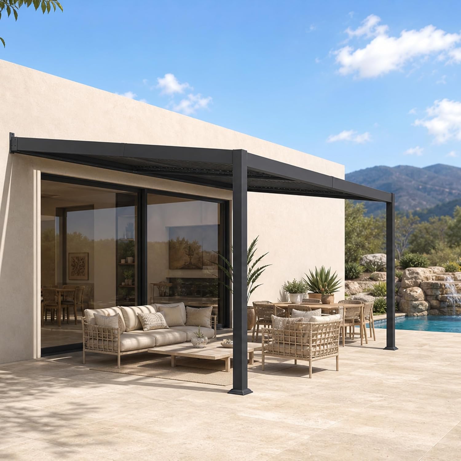 etevert - pergola bioclimatique adossée - 2,5x3,65m - aluminium, lames orientables, imperméable, gain de place
