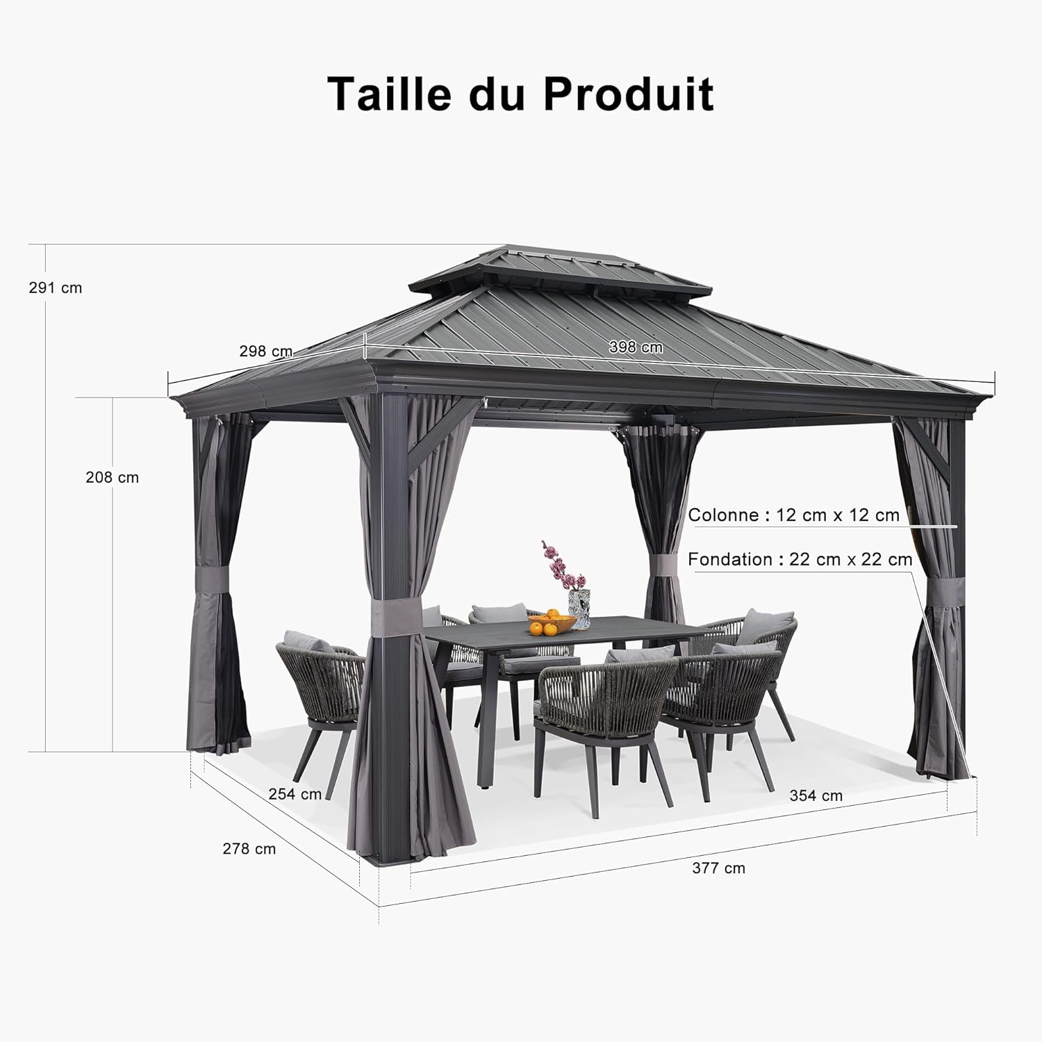 etevert - tonnelle jardin série toit rigide - 3,65x3m - acier galvanisé, gouttière, rideaux épais