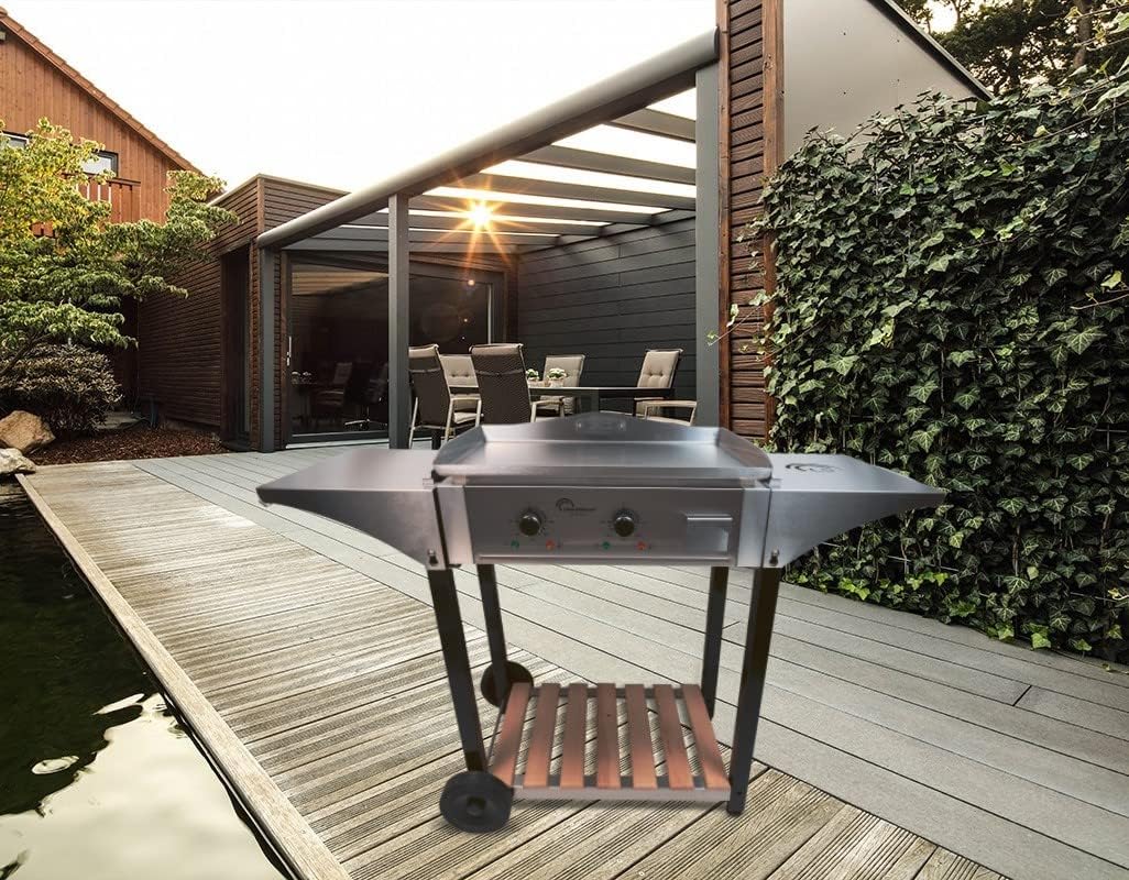 etevert - Chariot plancha Aquitaine Pro - inox/bois, roulettes, dessertes latérales - 8477