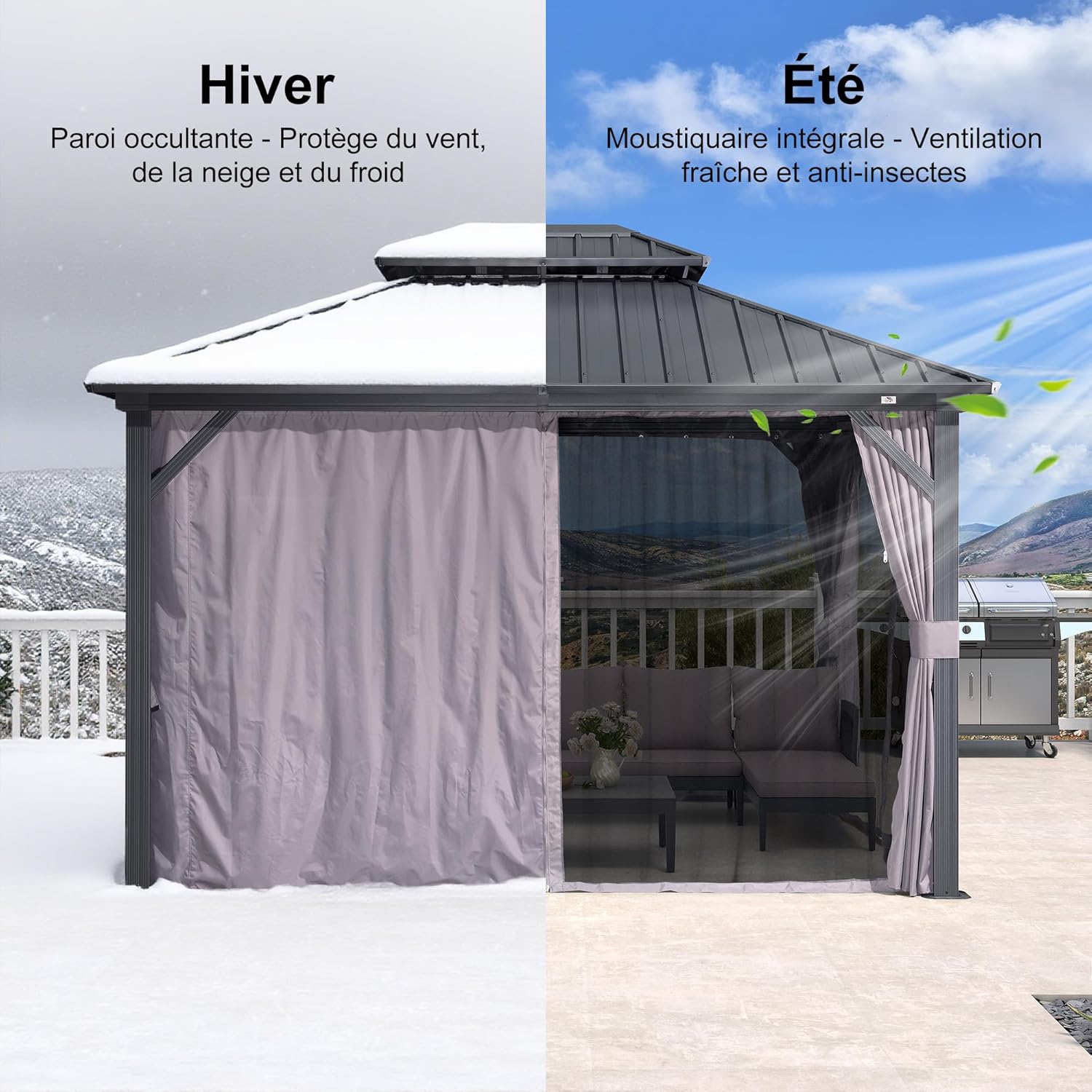 etevert - Pergola aluminium double toit 3,65x3m rideaux moustiquaire