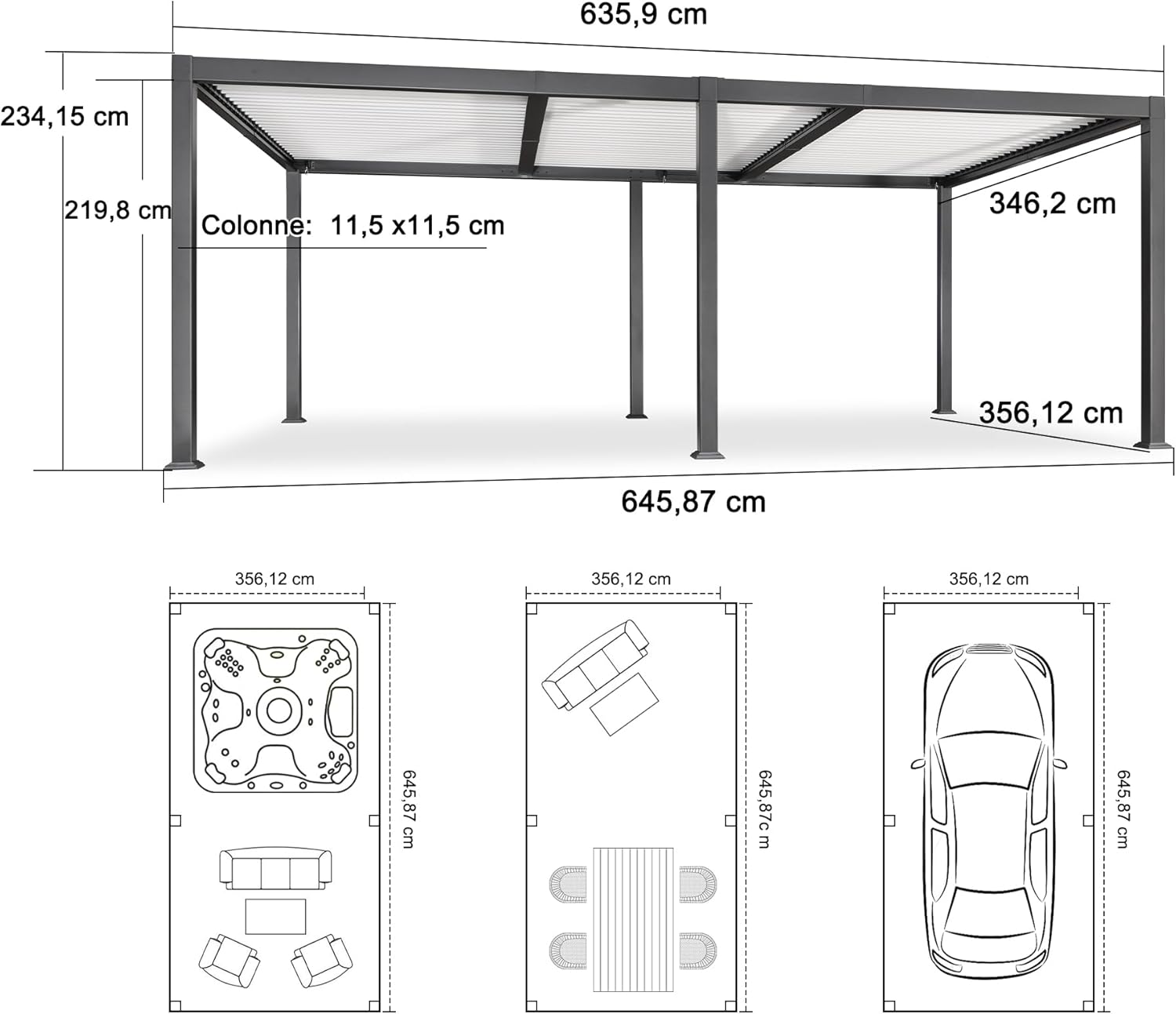 etevert - Pergola Bioclimatique - 6,35x3,5m - Aluminium, éclairage, lames orientables, poteaux blancs