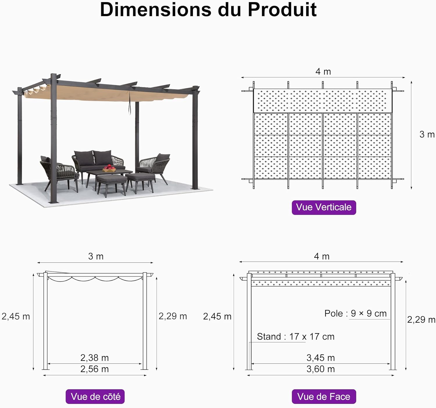 etevert - Pergola Aluminium - 4x3m - Toit coulissant, tissu kaki