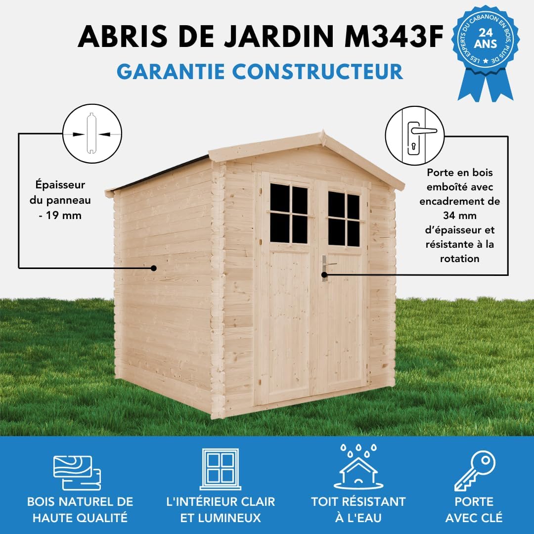 Abri de Jardin en Bois - Porte verrouillable de Haute qualité- Stockage extérieur I216xL206xH218 cm/ 3.53 m2 Petit abri à Outils, Local à vélos - Toit imperméable, fenêtres etevert M343F