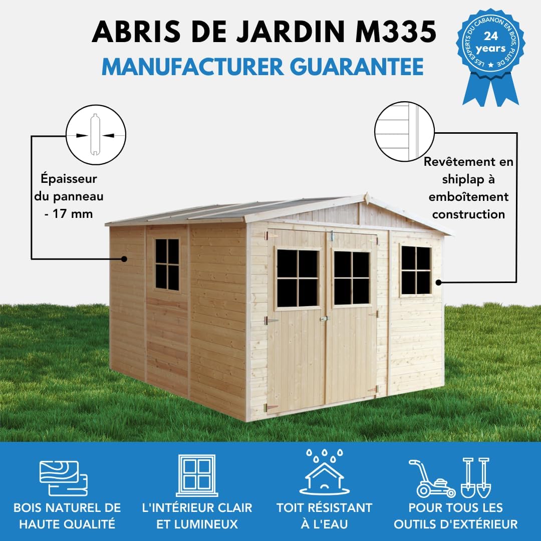 Abri de Jardin en Bois Naturel - Stockage extérieur avec fenêtres- H226x316x324 cm/9 m² Hangar en Bois Naturel - Atelier Rangement Outils et vélos- etevert M335