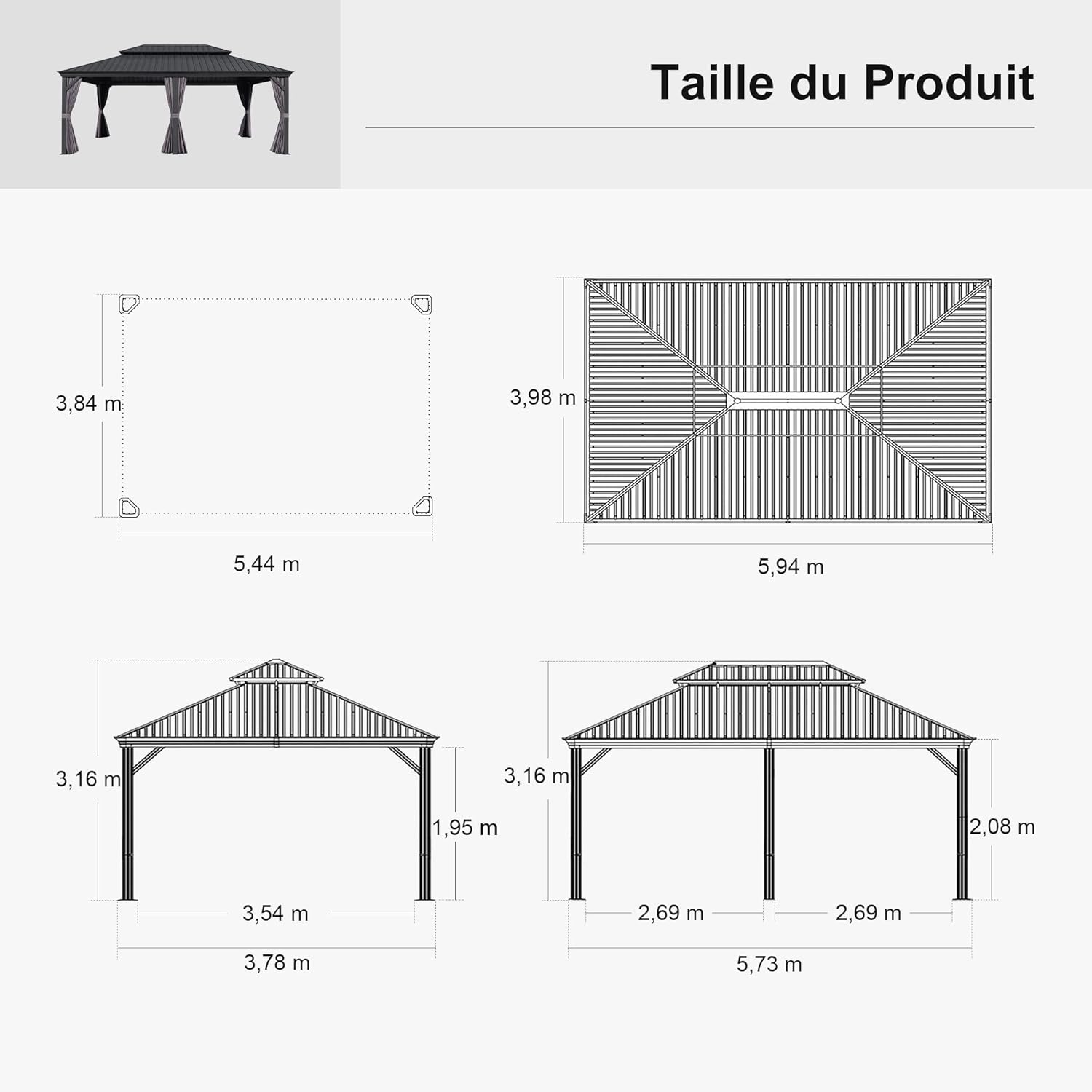 etevert - tonnelle jardin 6x4m - alu, éclairage, gouttière, rideaux