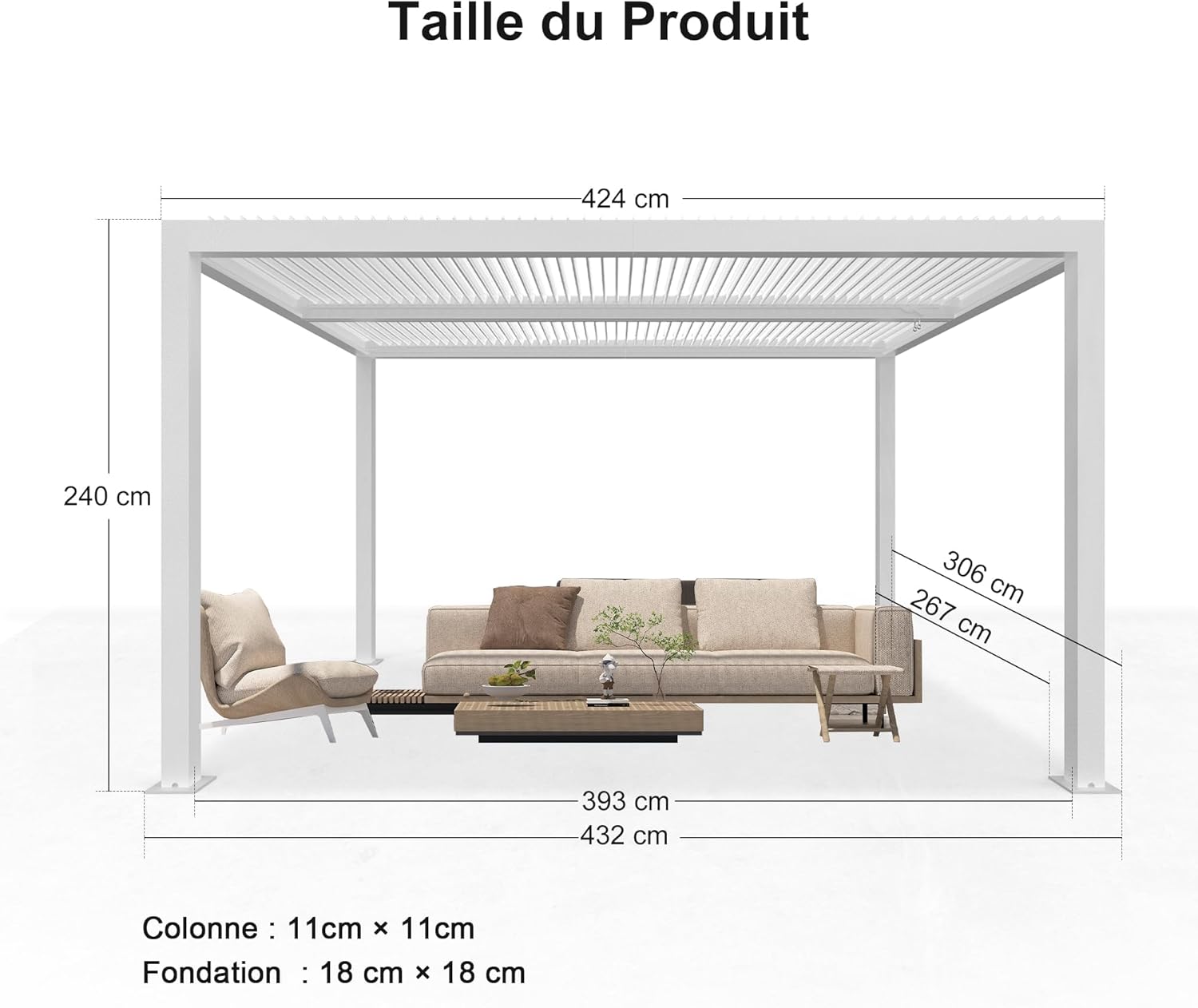 etevert - Pergola Bioclimatique - 4,24x3m - aluminium, éclairage, lames orientables