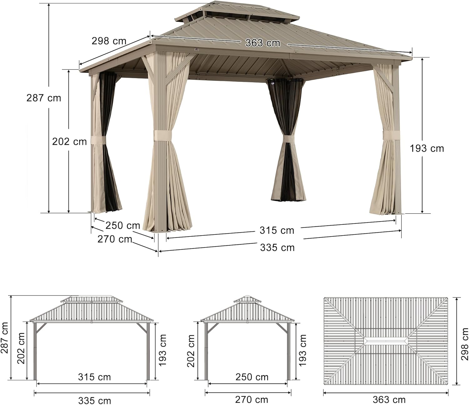 etevert - pergola aluminium - 3,65x3m - double toit, moustiquaire, rideaux