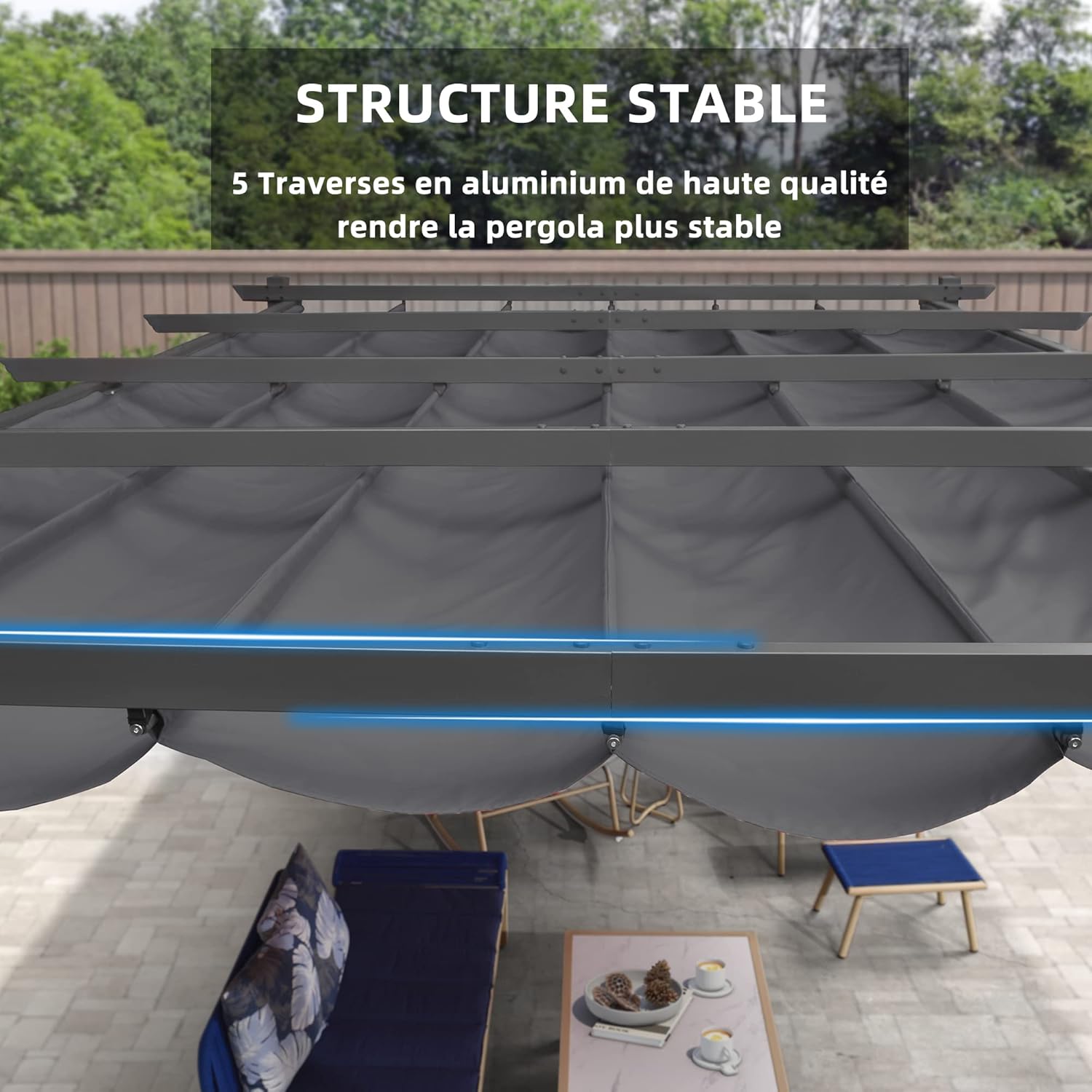 etevert - pergola aluminium - 3,65x3m - toit rétractable LED, tissu gris