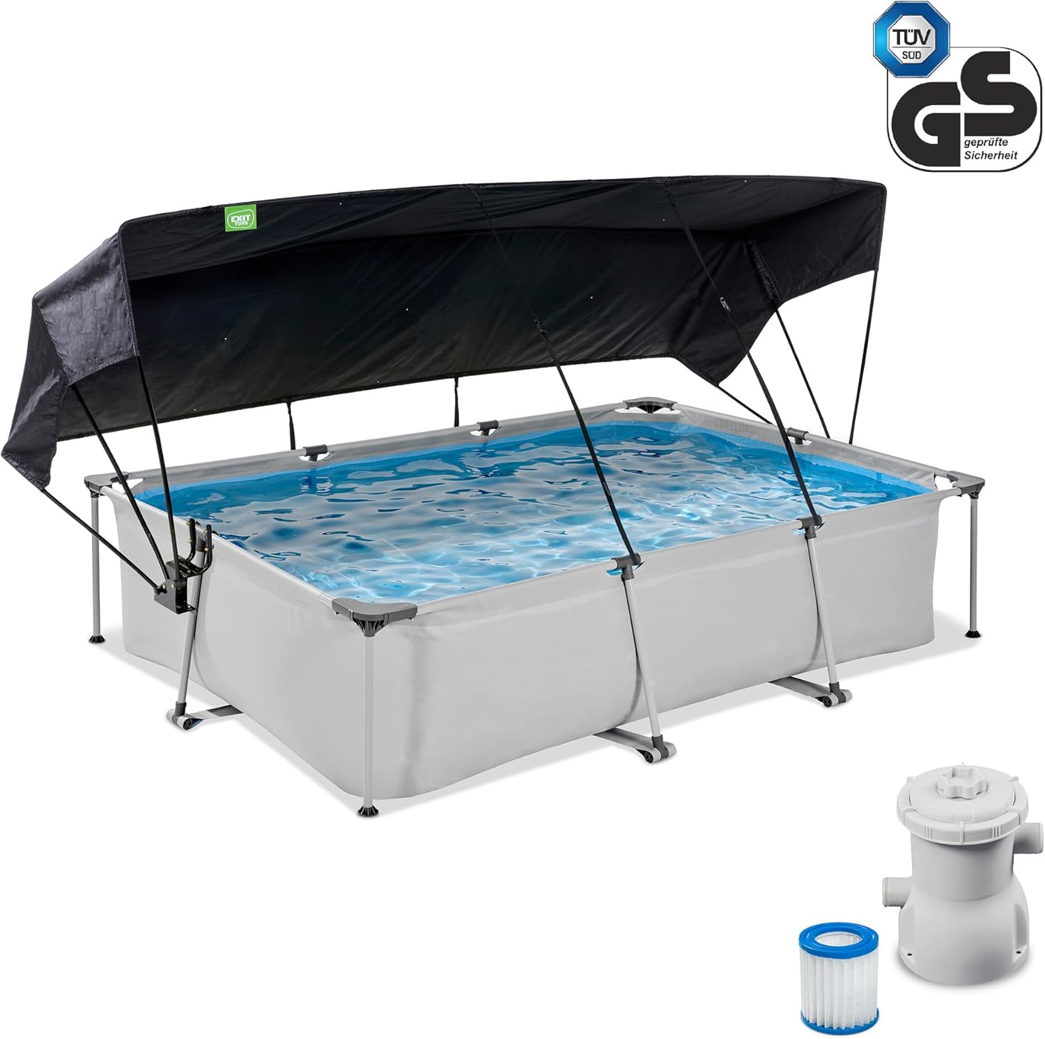 etevert Piscine Soft Grey avec Voile d'Ombrage - 300x200x65cm - Piscine Hors Sol Rectangulaire avec Pompe Filtrante à Cartouche - Protection Optimale Contre Les Rayons UV - Entrée Basse - Gris