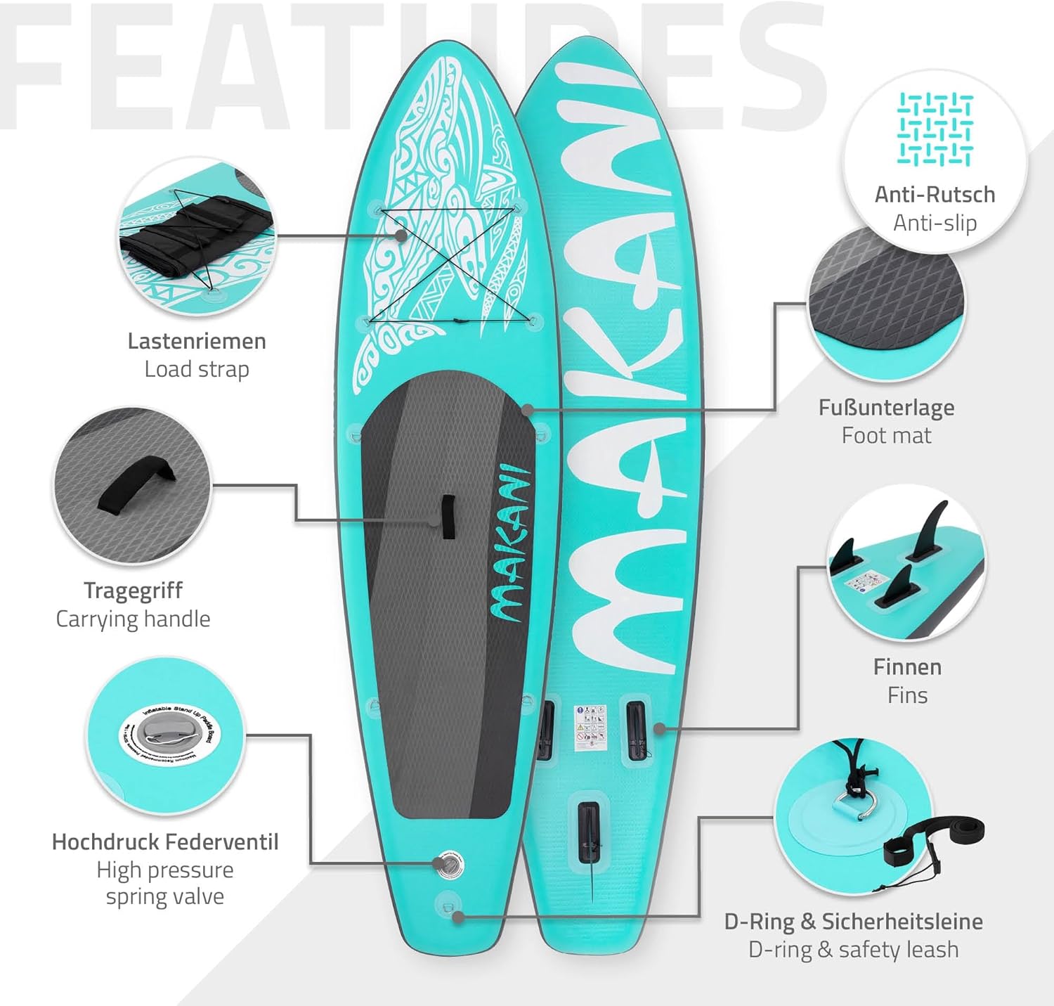 etevert - Stand Up Paddle Board - 305/308/320/380 cm - PVC, jusqu’à 150 kg, 10/15 cm, sac, pompe