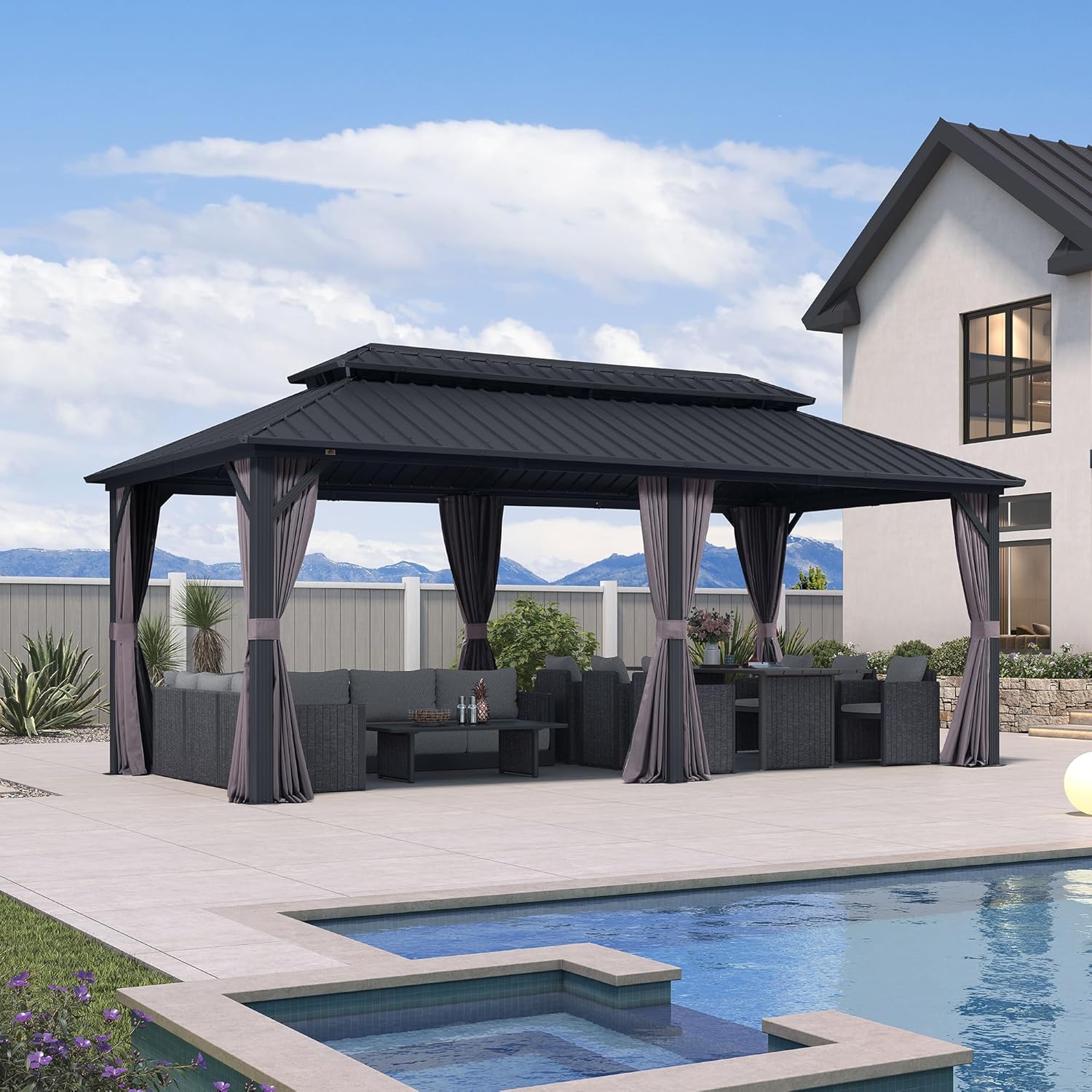 etevert - pergola double toit 6x3m, alu & acier, rideaux & moustiquaire