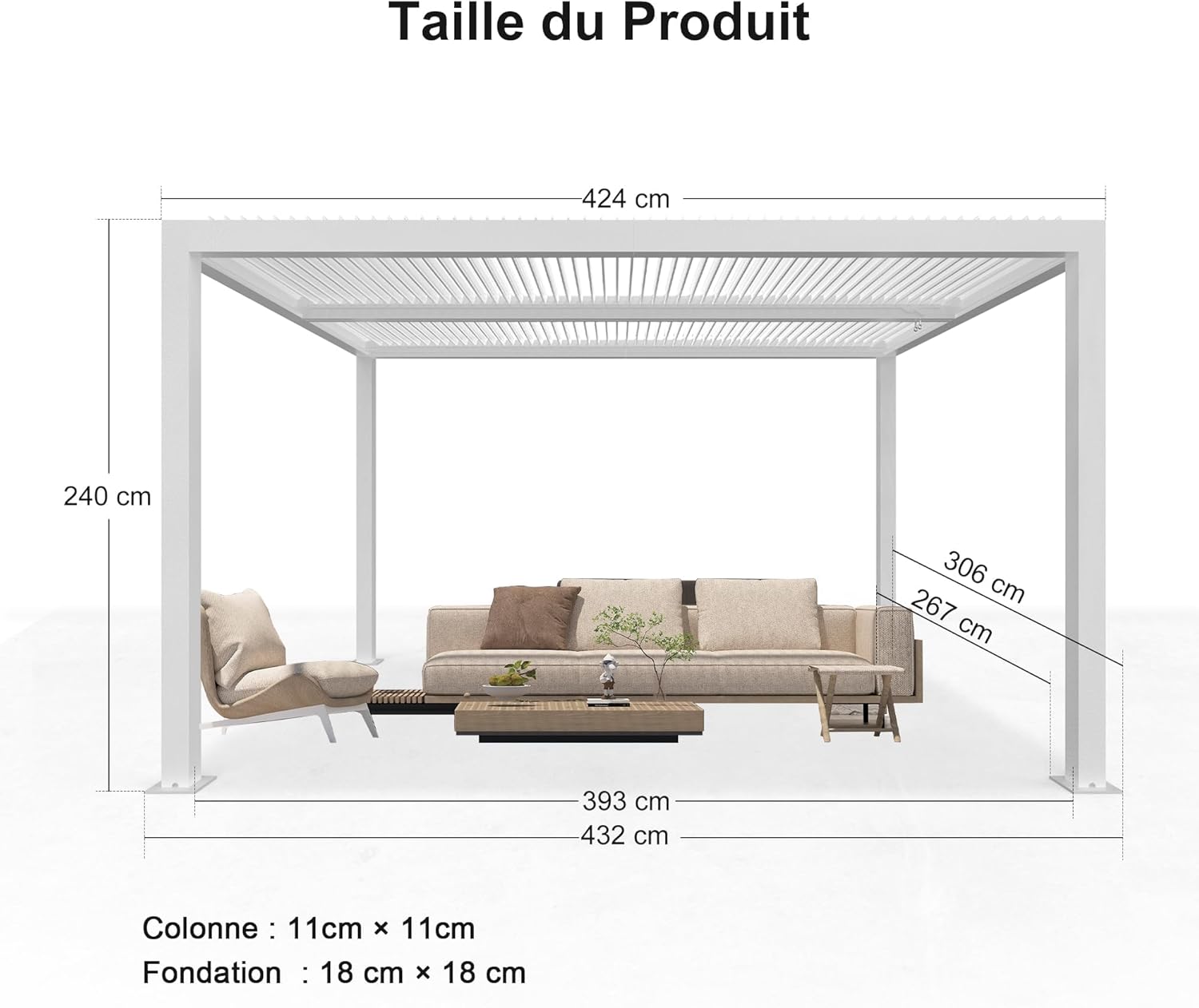 etevert - pergola bioclimatique - 4,24x3m - aluminium, stores enrouleurs, lames orientables