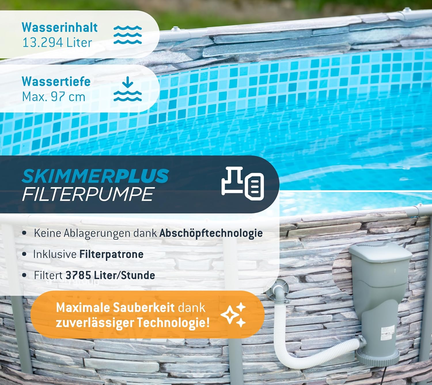 etevert - Frame Pool Kit rond - 427x107 cm - aspect pierre grise, pompe à filtre