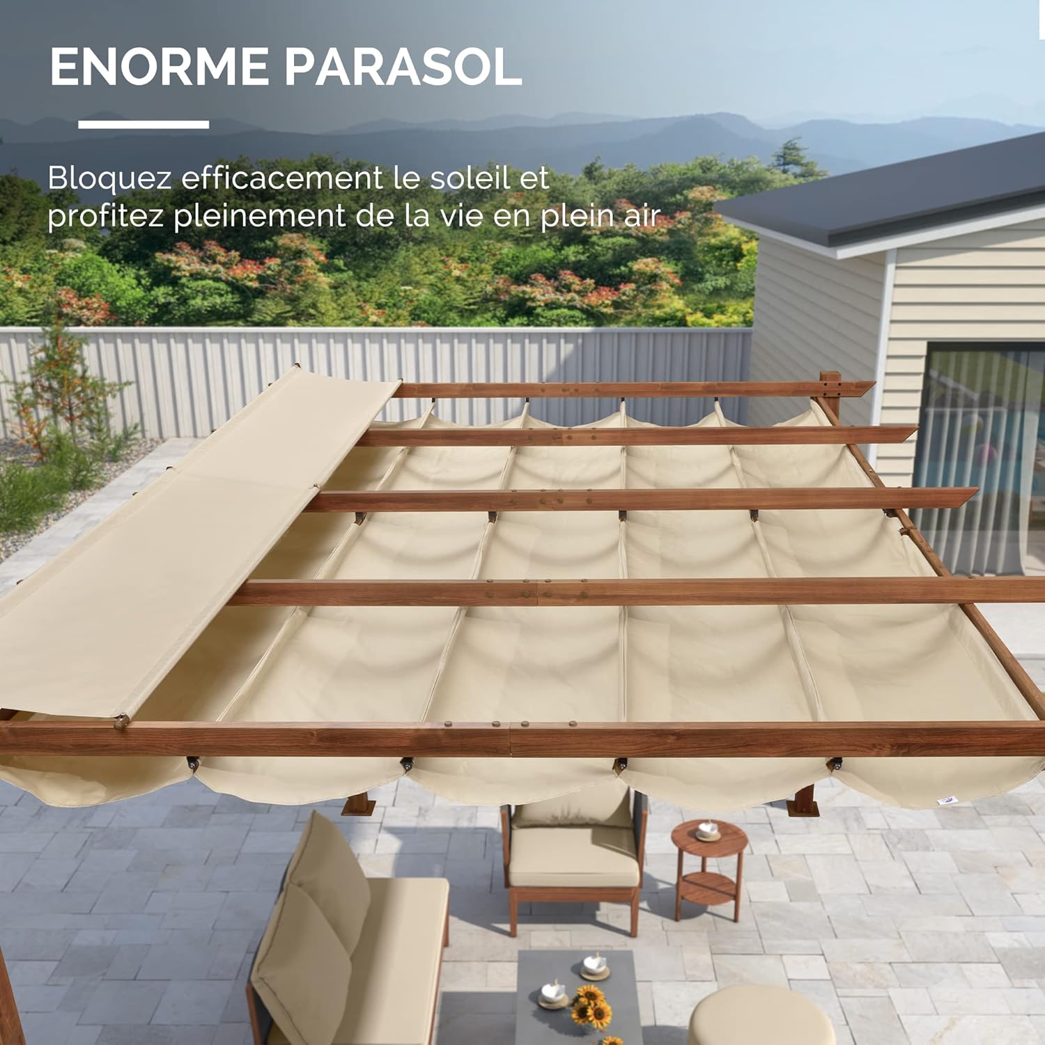 etevert - Pergola aluminium 4x3m, toit rétractable, éclairage intégré, finition teck, kaki
