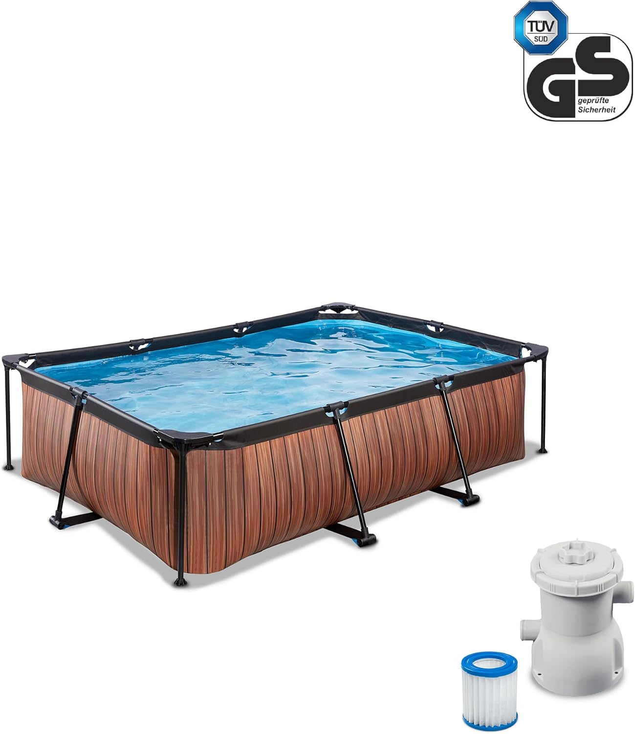etevert Piscine en Bois - 220 x 150 x 65 cm - Rectangulaire et compacte - avec Pompe à Filtre à Cartouche - Facile d'accès - Convient pour Les Tout-Petits - Cadre Solide - Design Unique - Marron