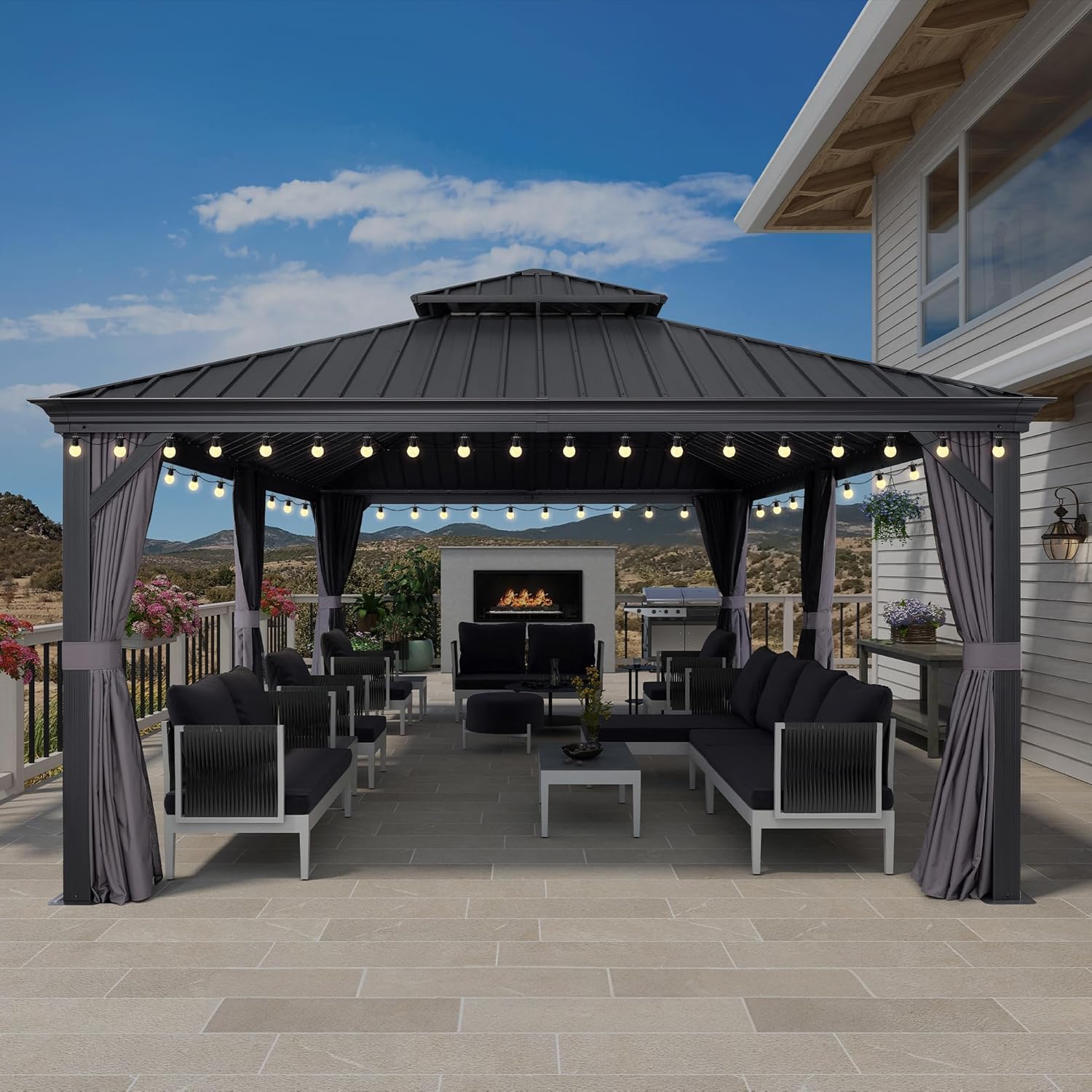 etevert - Pergola Série 6x4,25m - alu, leds, rideaux, gouttière