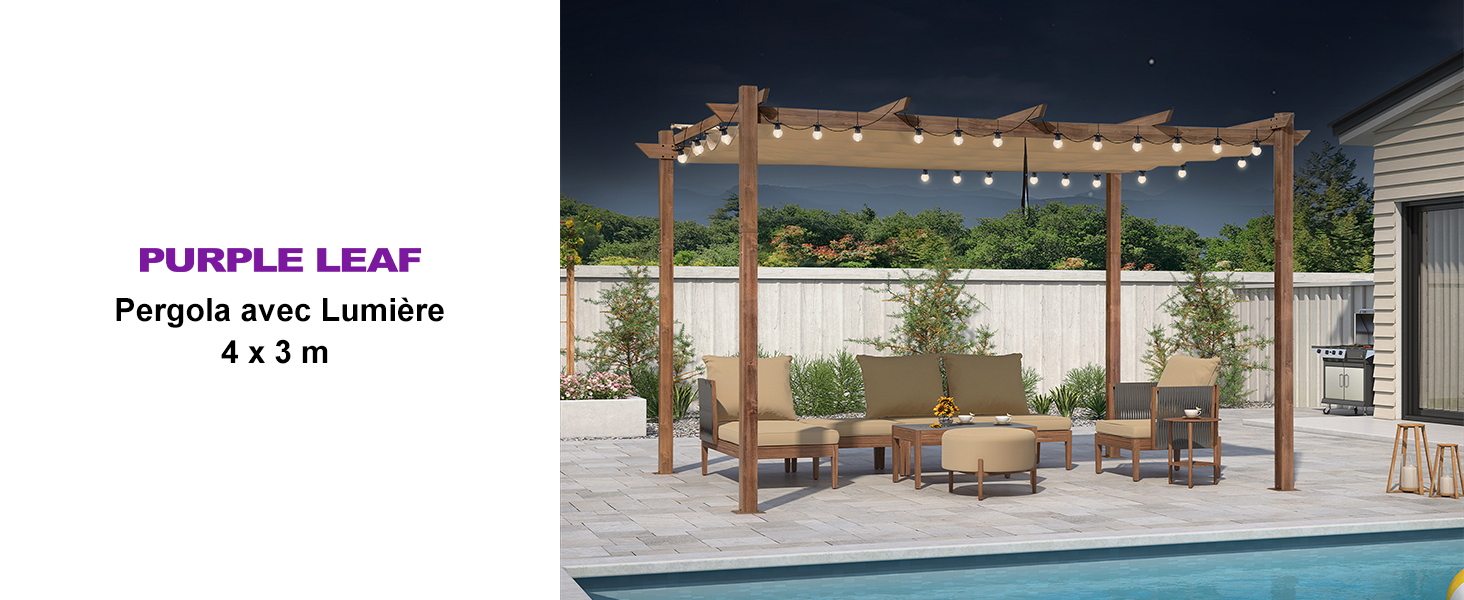 de marque etevert avec guirlandes lumineuses, mesurant 4 x 3 m, illustrée dans le cadre d'une piscine extérieure avec des meubles en dessous. Dispose d'un design moderne avec auvent illuminé.