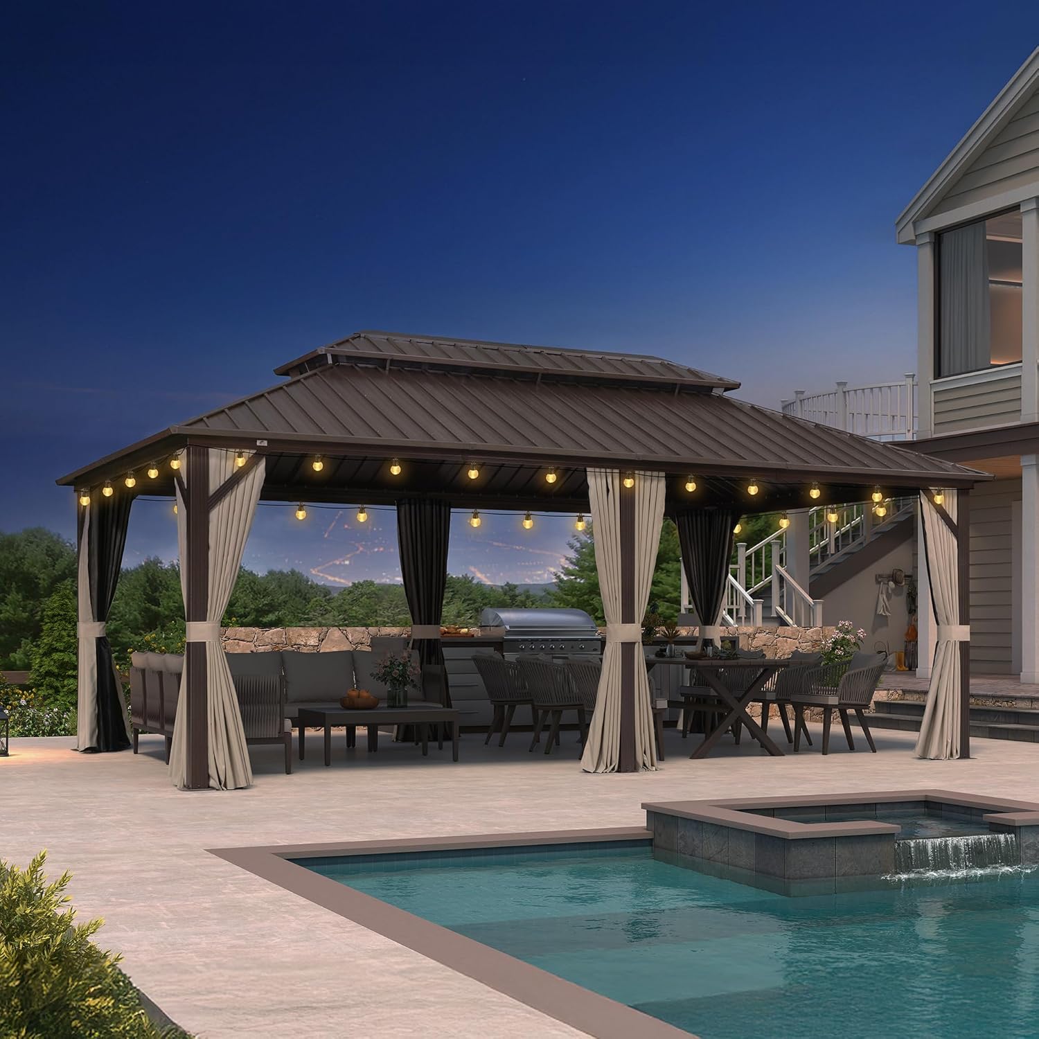 etevert - pergola double toit rigide 6x3,65m, aluminium, guirlande, rideaux