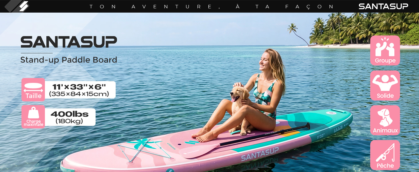 Le texte indique « etevert » avec les informations sur le produit visibles. L'image montre une personne sur un paddleboard bleu sur l'eau, vêtue d'une tenue rose et blanche, présentation du produit avec des éléments de marque roses.