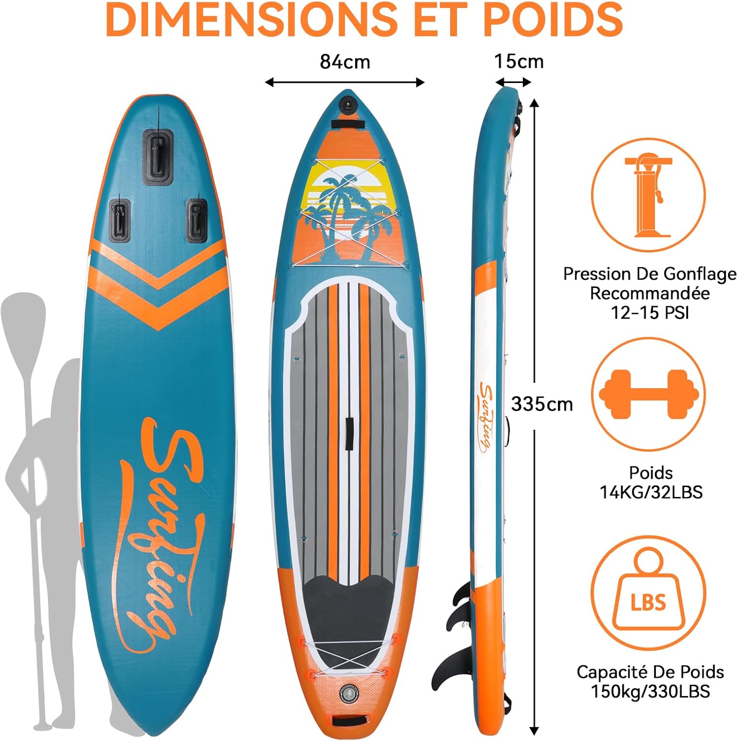 etevert - Paddle gonflable adulte - 320/335cm - 2 personnes, siège kayak, pagaie alu, caméra, pompe, 150kg