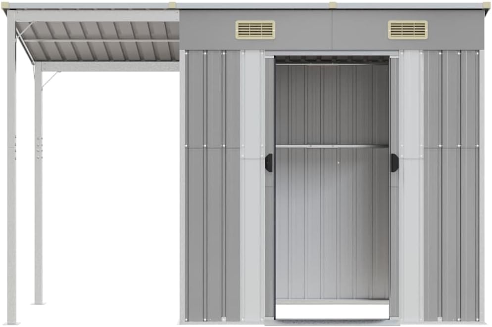 etevert Abri de Jardin avec Toit prolongé Gris Clair 277x107x181 cm, Maison & Jardin, Pelouses & Jardins, Vie en extérieur, Structures extérieures, Cabanes & abris de Jardin, Gris, (Poids 41.56KG)