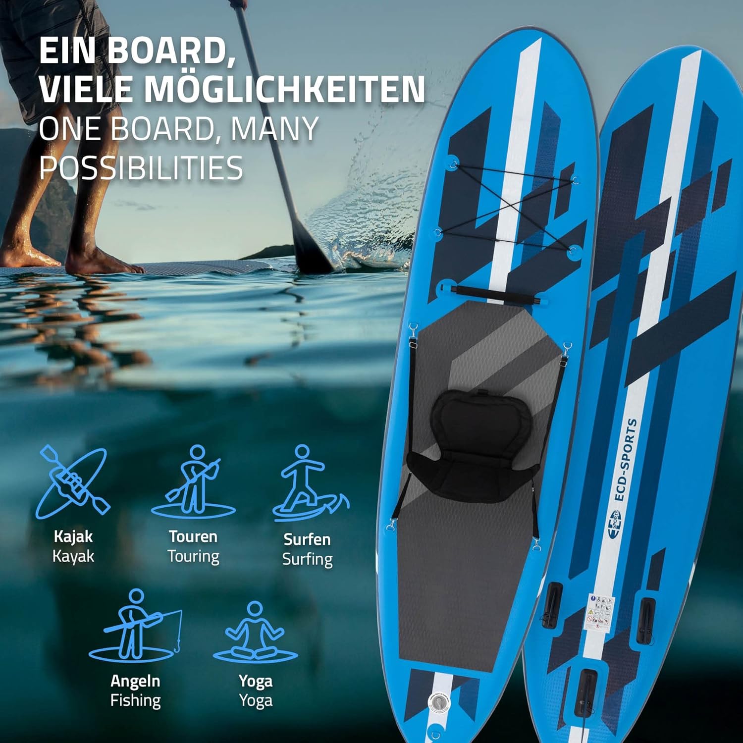 etevert Stand Up Surf Paddle Board Gonflable 305/308/320/380 cm | PVC | jusqu'à 120/150 kg | Épaisseur 10/15 cm | Planche de Surf Pagaie Sac de Transport Pompe à Air | Diverses Couleurs Modèles