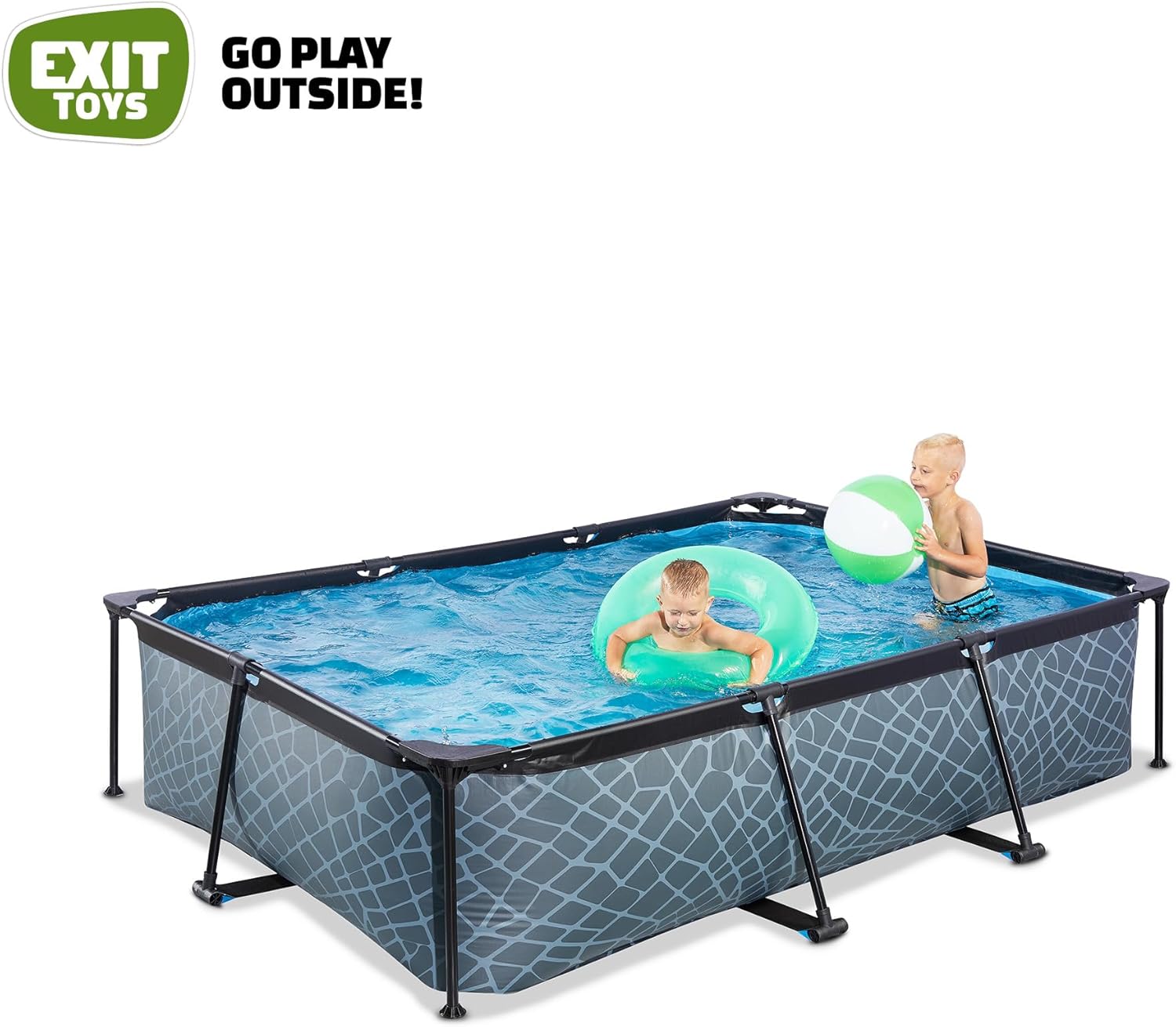 etevert Piscine Stone - 300x200x65cm - Piscine Hors Sol Rectangulaire avec Pompe Filtrante à Cartouche - Entrée Basse - Idéal pour Les Jeunes Enfants - Cadre Stable - Design Unique - Gris