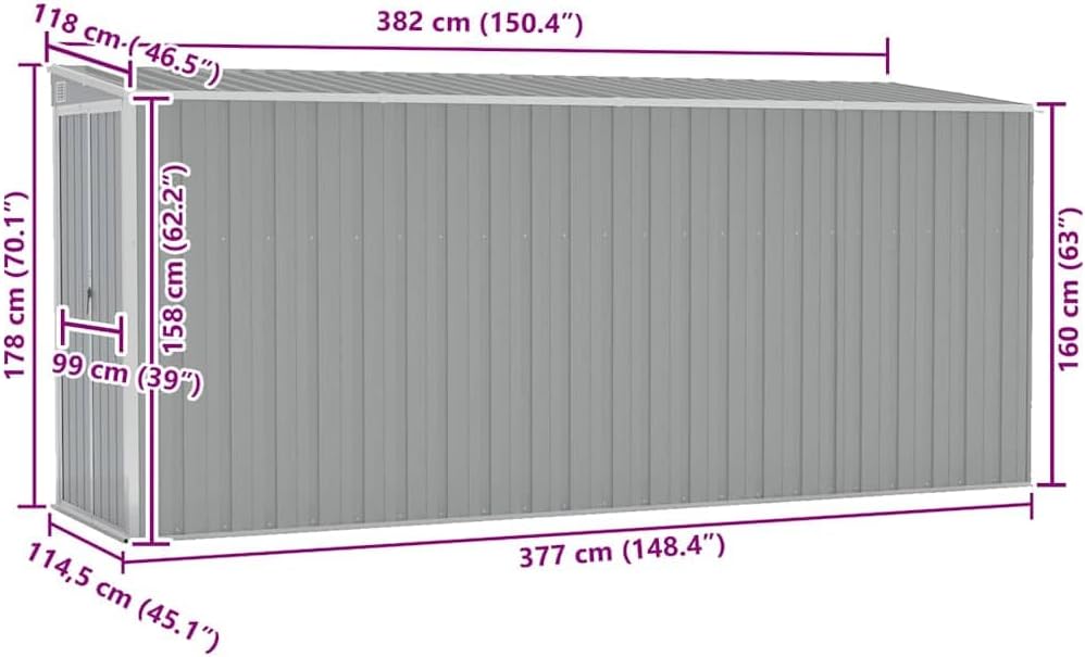 etevert Abri de Jardin Mural Gris 118x382x178 cm Acier galvanisé,Structures extérieures, Cabanes & abris de Jardin,316230