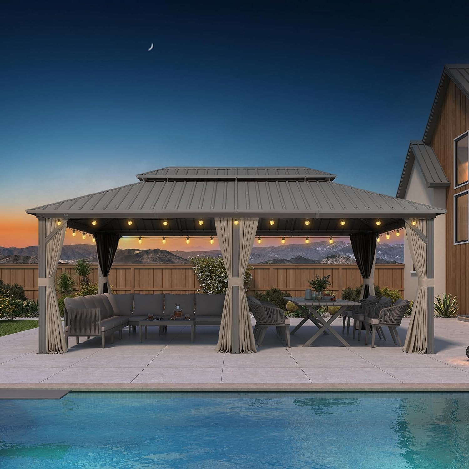 etevert Tonnelle de Jardin Extérieur 6 x 3,65 m avec Guirlande Lumineuse, Pergola Aluminium à Toit Rigide en Acier Galvanisé, Pavillon Imperméable pour Camping, Fête, Barbecue, Champagne