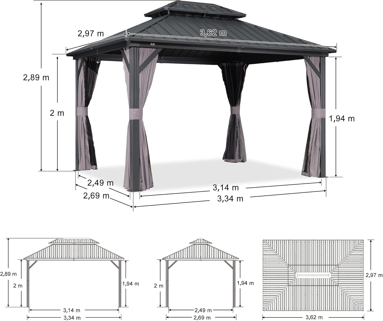 etevert - Pergola aluminium double toit 3,65x3m rideaux moustiquaire