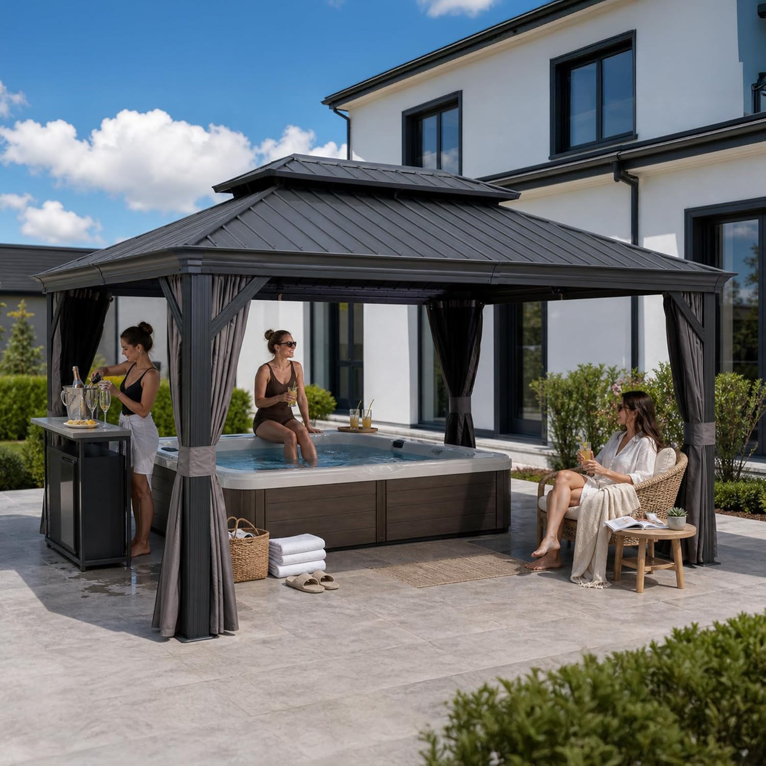 etevert - Tonnelle Jardin 4,25x3 m - acier galvanisé, rideaux épais, gouttière