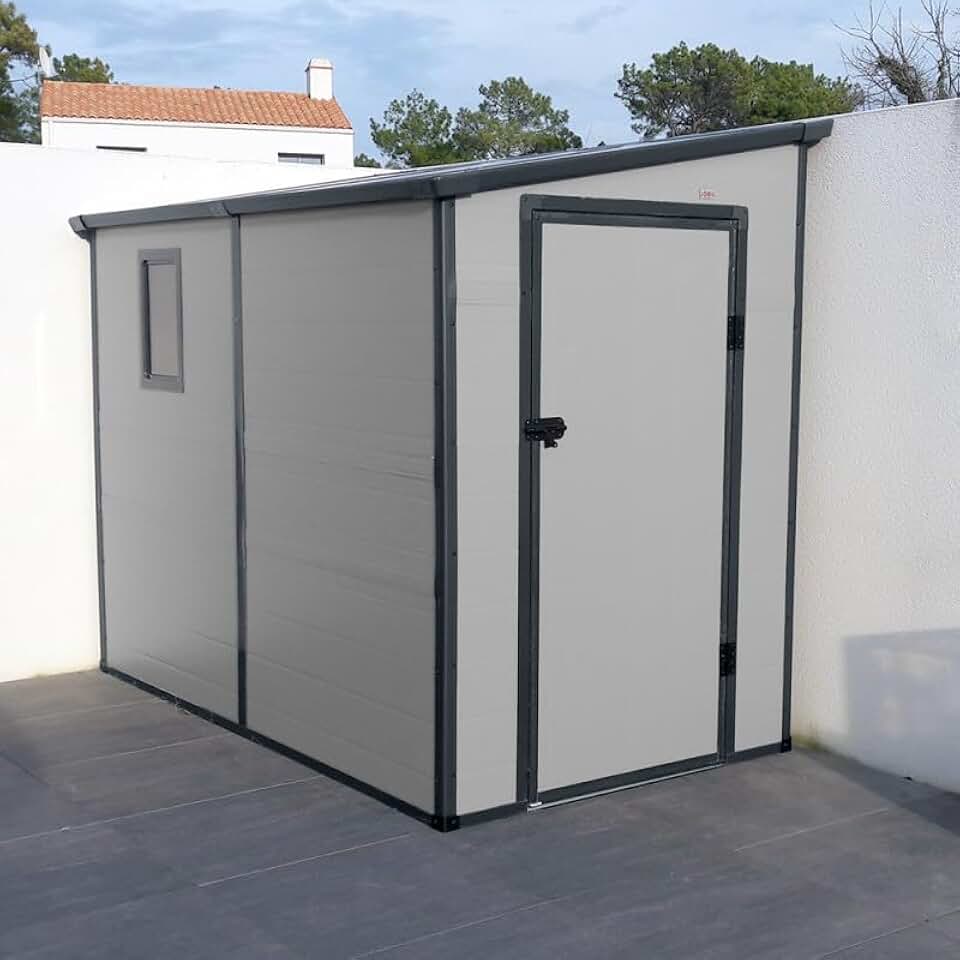 etevert Abri de Jardin Adossé en Résine 3,55m² | Gris Clair avec Fenêtre et Aération | Kit de Fondation Inclus | Structure Acier Galvanisé