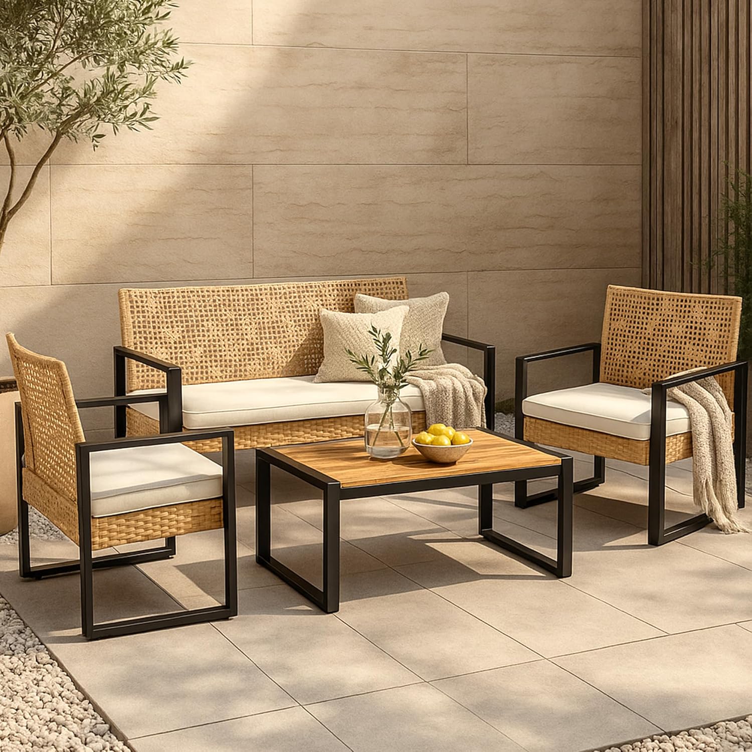 etevert - Salon de jardin 4 pièces, acier/acacia, 2 chaises + banc, beige/naturel